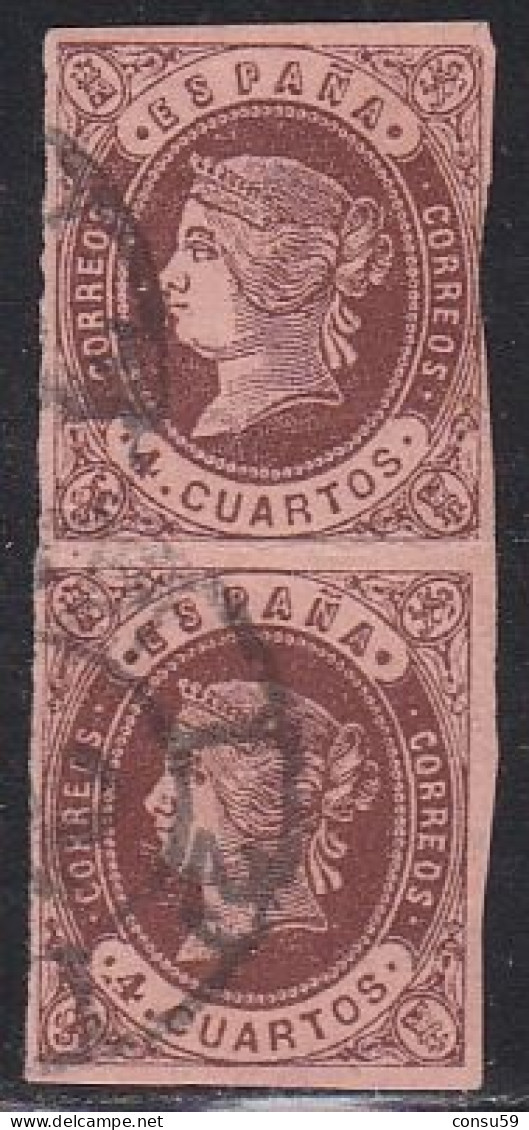 1862-ED. 58 PAREJA VERTICAL -ISABEL II 4 CUARTOS CASTAÑOL S. ANTEADO- USADO RUEDA DE CARRETA DE BURGOS-VER FOTOS- - Usados