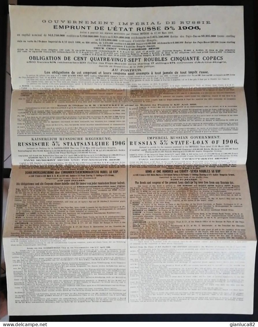 Bond 1906 Al 5% Antico Stato Imperiale Russia 187.50 Rubli (20) Come Foto Ripiegato Con Pieghe Tecniche 40,0 X 30,0 Cm - Russie