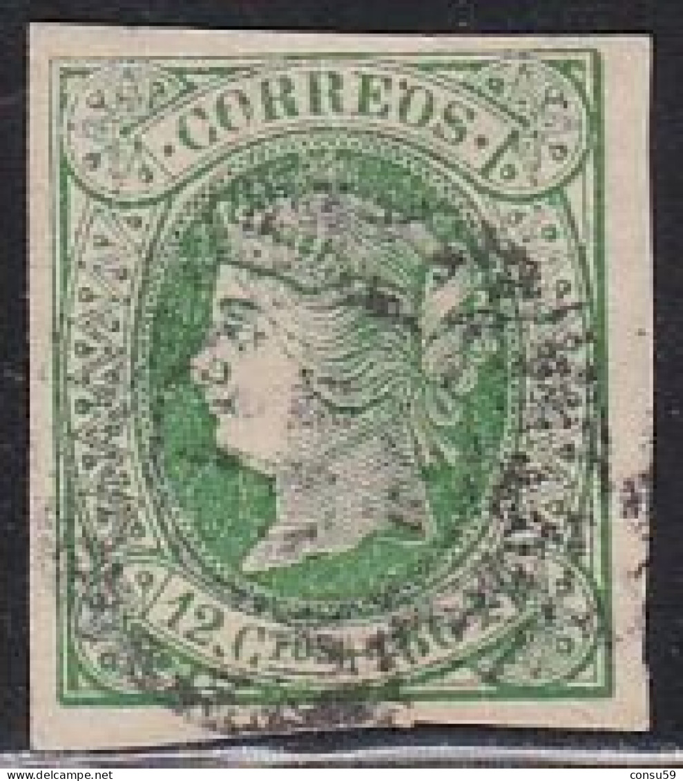 1864-ED. 65 ISABEL II 12 CUARTOS VERDE S. ROSA - USADO FECHADOR - Usados