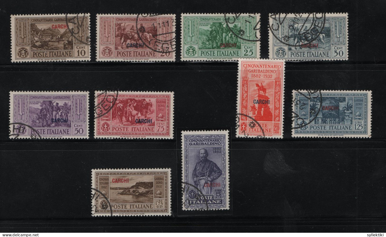 GREECE 1932 DODECANESE GARIBALDI ISSUE CARCHI OVERPRINT COMPLETE SET USED STAMPS   HELLAS No 108XIV - 117XIV AND VALUE E - Dodecaneso