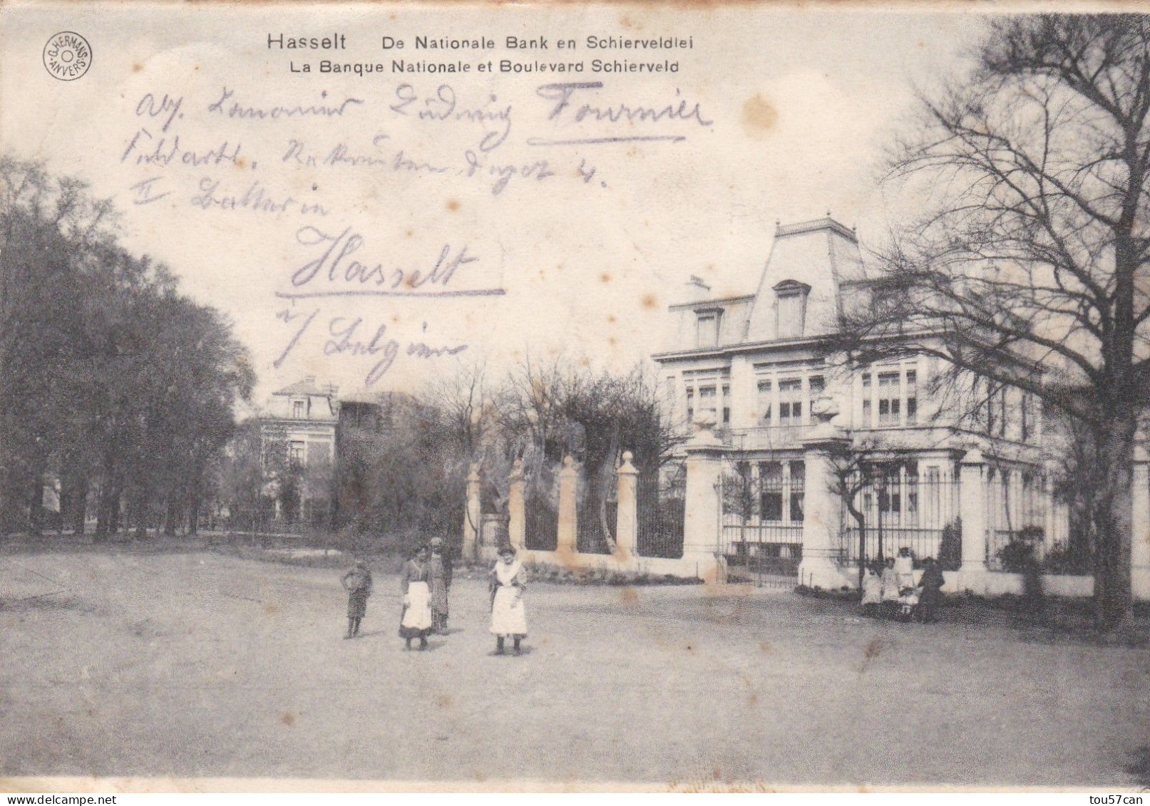 HASSELT - LIMBURG - BELGIE - RARE CPA ANIMEE FELDPOST DE 1918 - LA BANQUE NATIONALE ET LE BOULEVARD SCHIERVELD... - Hasselt