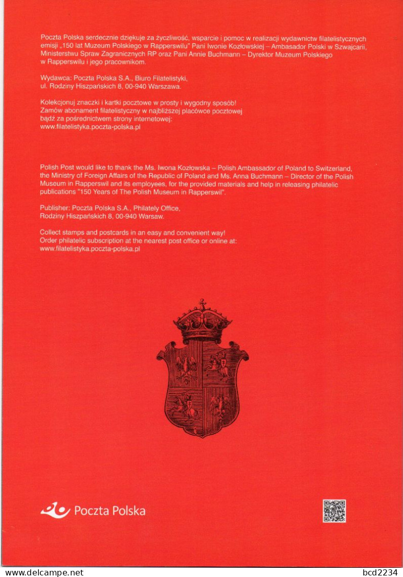 POLAND 2020 POST OFFICE SPECIAL LIMITED EDITION FOLDER: 150 YEARS OF THE POLISH MUSEUM IN RAPPERSWIL SWITZERLAND CULTURE - Covers & Documents