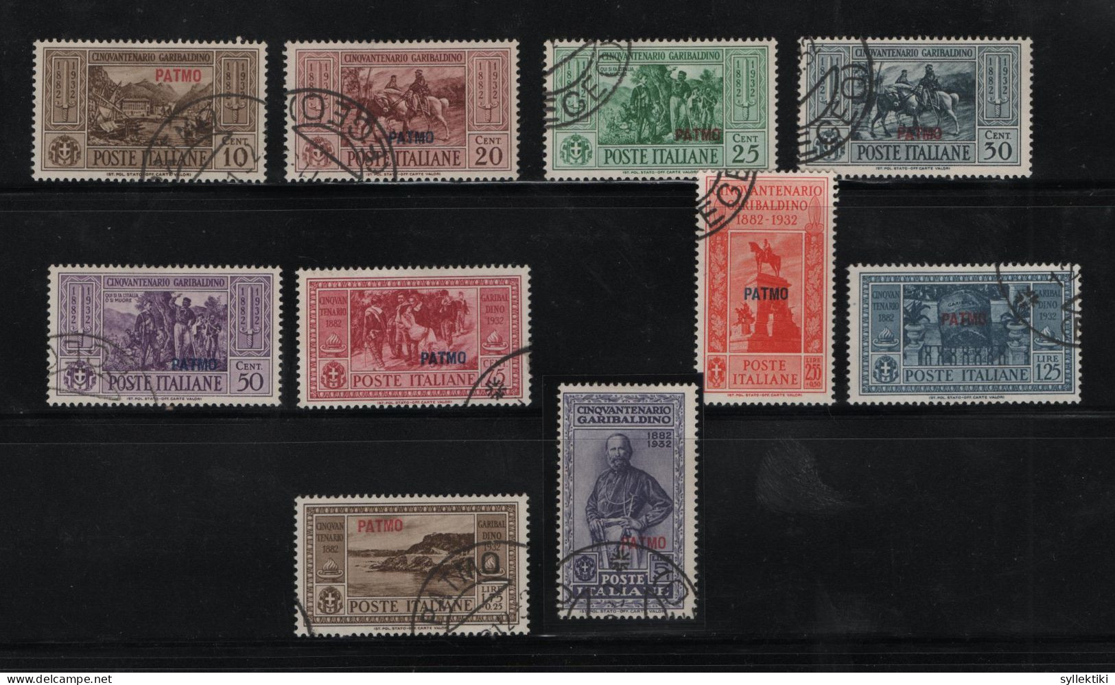 GREECE 1932 DODECANESE GARIBALDI ISSUE PATMO OVERPRINT COMPLETE SET USD STAMPS   HELLAS No 108XI - 117XI AND VALUE EURO - Dodecaneso