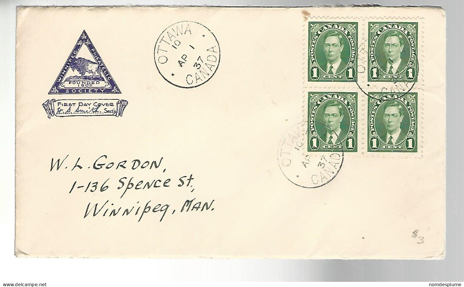 52204 ) Canada First Day Cover Ottawa Postmark 1937 Winnipeg Philateic Society - ....-1951