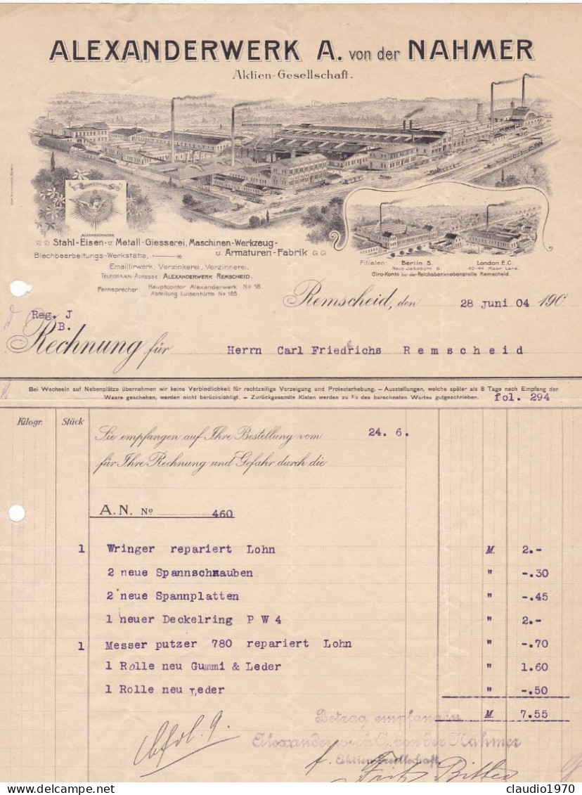 GERMANIA - REMSCHEID -  FATTURA - ALEXANDERWERK A. Stahl Eisen U Metall Giesserei Maschinen Werkzeug U Armaturenfabrik - 1900 – 1949