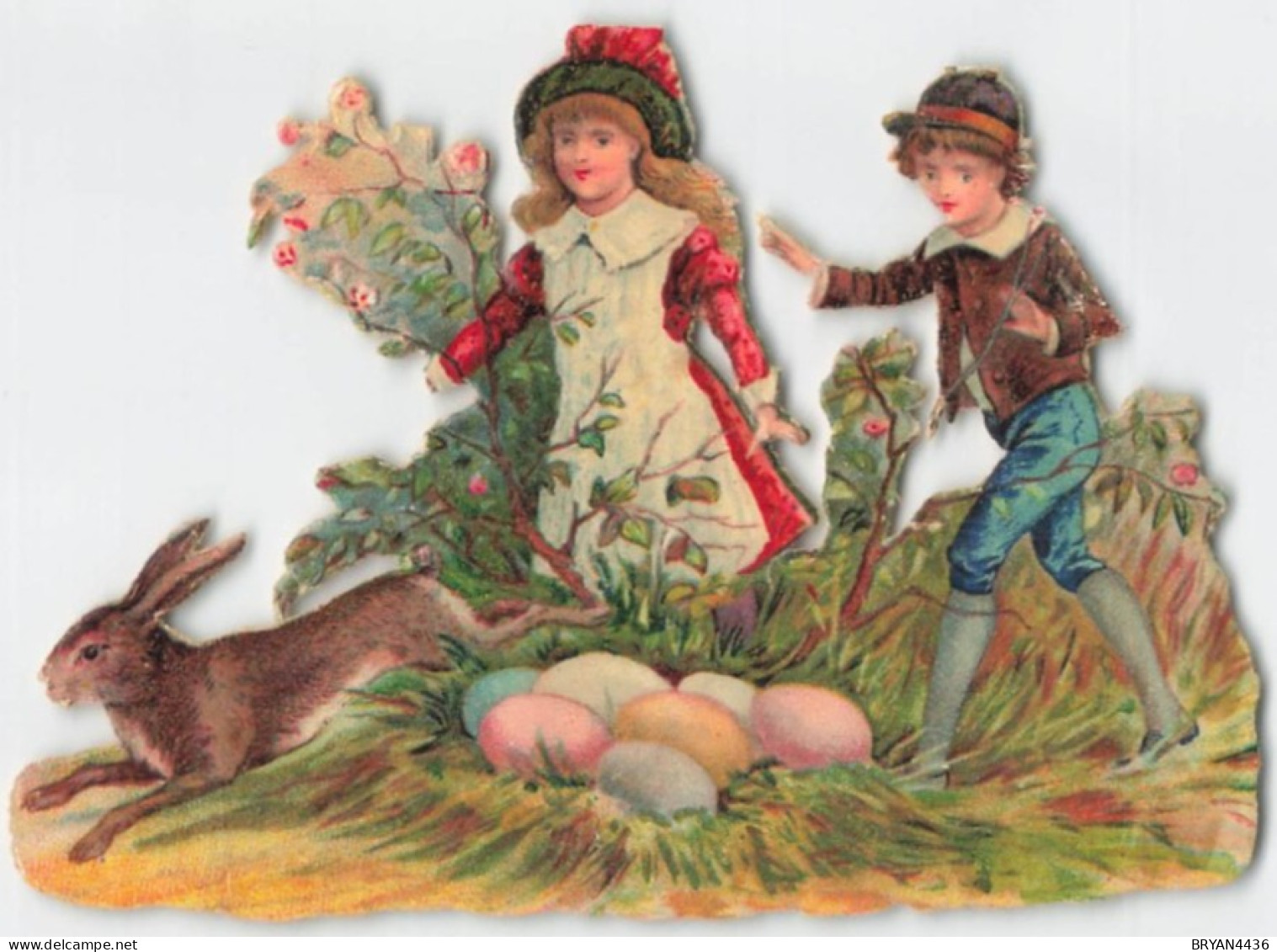PÂQUES - LAPINS - OEUFS -  ENFANTS - TRES RARE DECOUPI GAUFFRE - 1885  - ENVERGURE FORMAT (9x12cm) - Motivos De Pascua