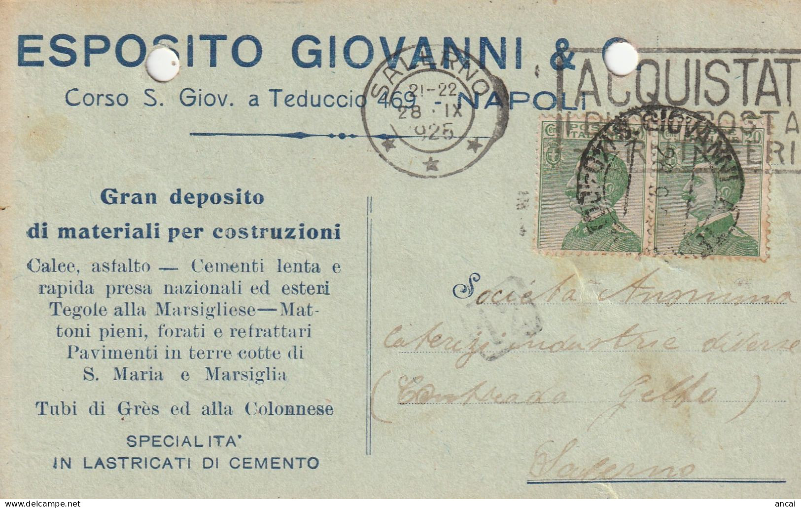 A156. Napoli. 1925. Cartolina PUBBLICITARIA , Con Michetti C.20 X 2. ... GRAN EPOSITO DI MATERIALE PER COSTRUZIONE ... - Assicurati