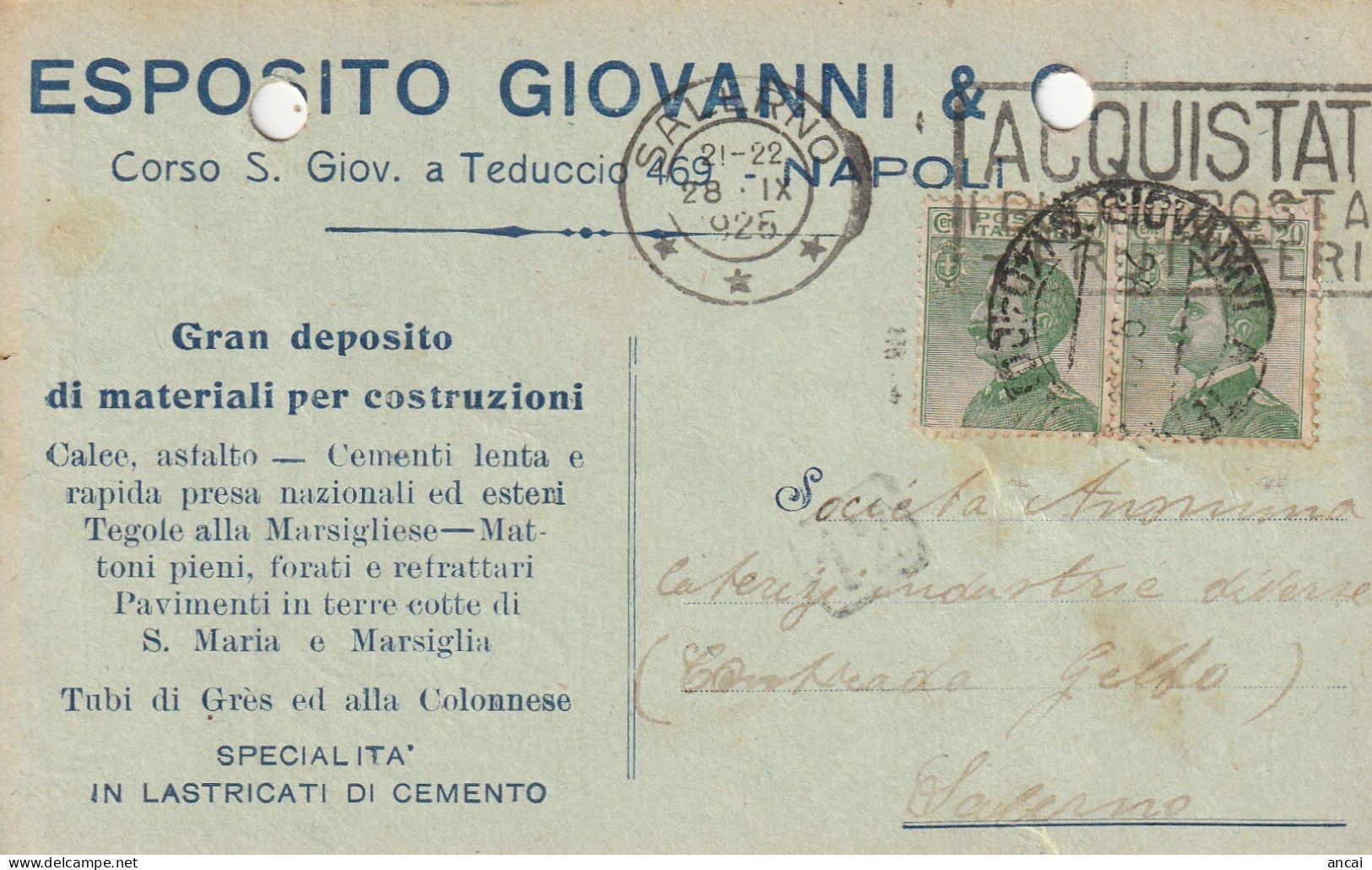 A156. Napoli. 1925. Cartolina PUBBLICITARIA , Con Michetti C.20 X 2. ... GRAN EPOSITO DI MATERIALE PER COSTRUZIONE ... - Asegurados