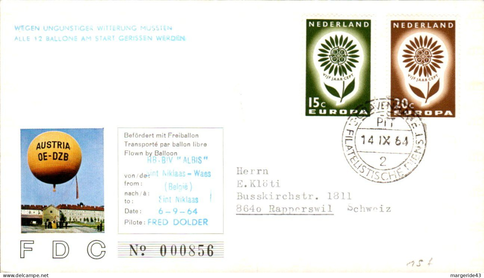 PAYS BAS FDC 1964 EUROPA TRANSPORTE PAR BALLON LIBRE - 1964