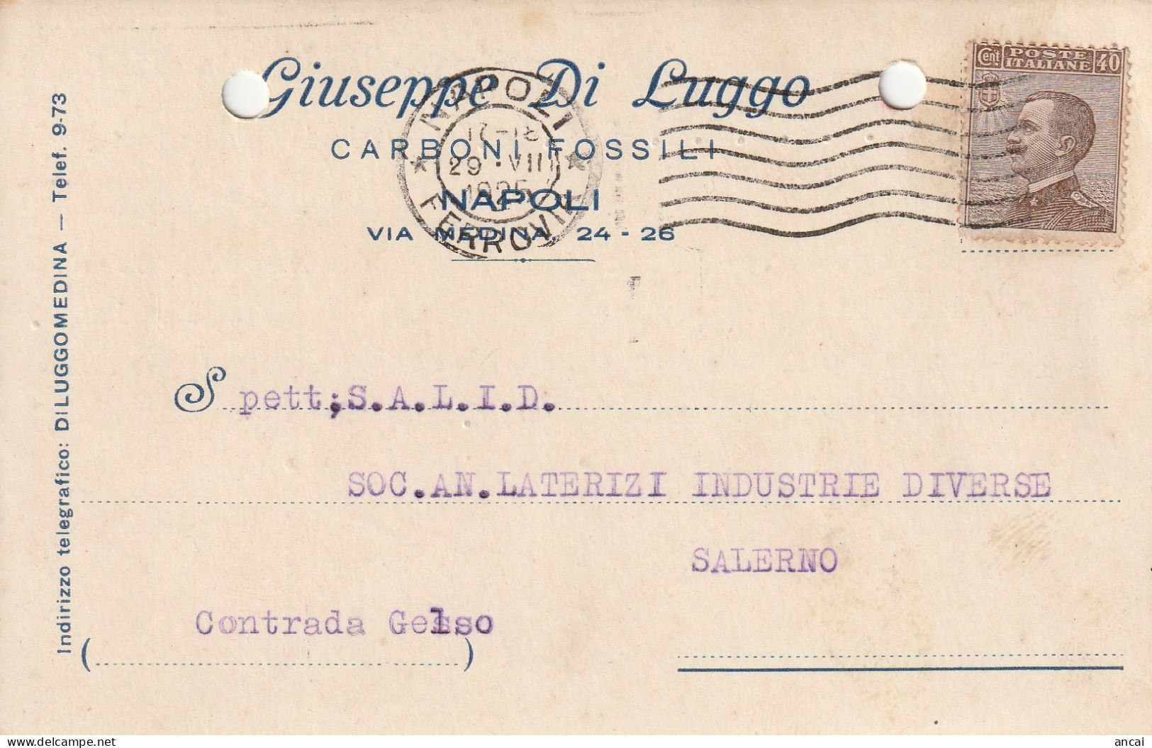 A156. Napoli. 1925. Cartolina PUBBLICITARIA , Con Michetti C.40 . . CARBONI FOSSILI  ... - Insured