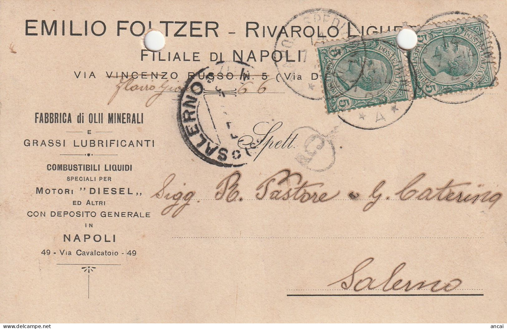 A156. Napoli. 1914. Cartolina PUBBLICITARIA , Con Leoni C.5 X 2  . . EMILIO FOLTZER - RIVAROLO LIGURE ... - Versichert