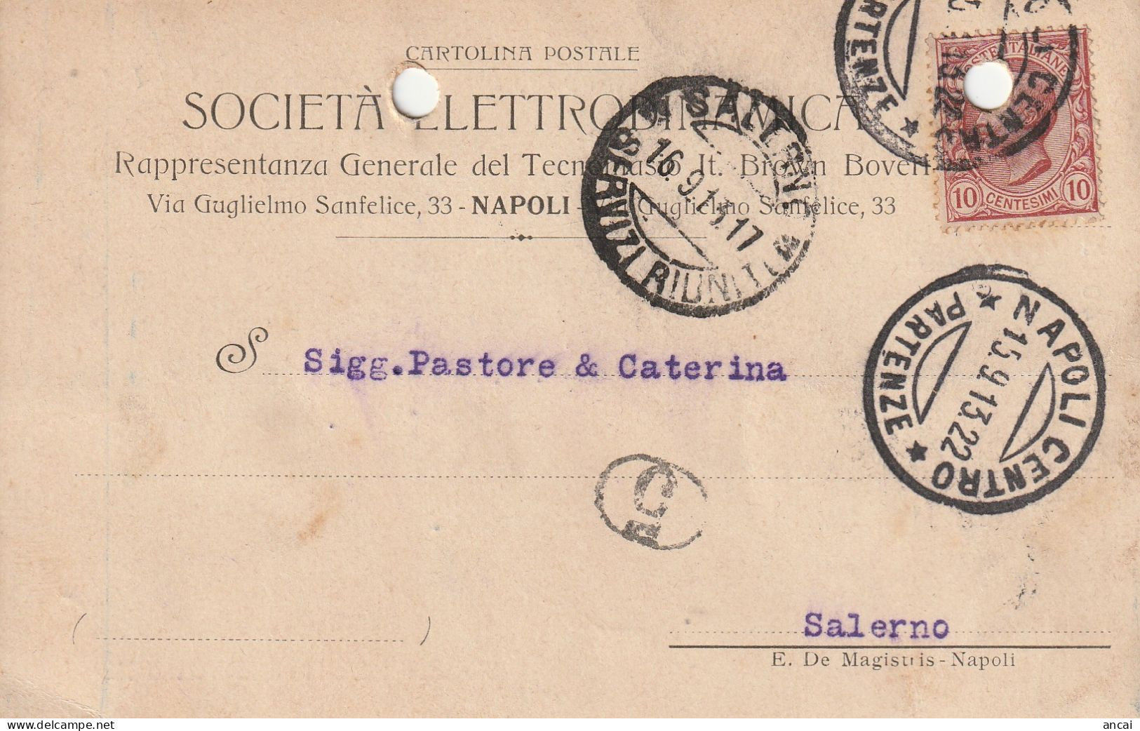 A156. Napoli. 1917. Cartolina PUBBLICITARIA , Con Leoni C. 10  ... SOCIETA' ELETTROMECCANICA... - Assicurati