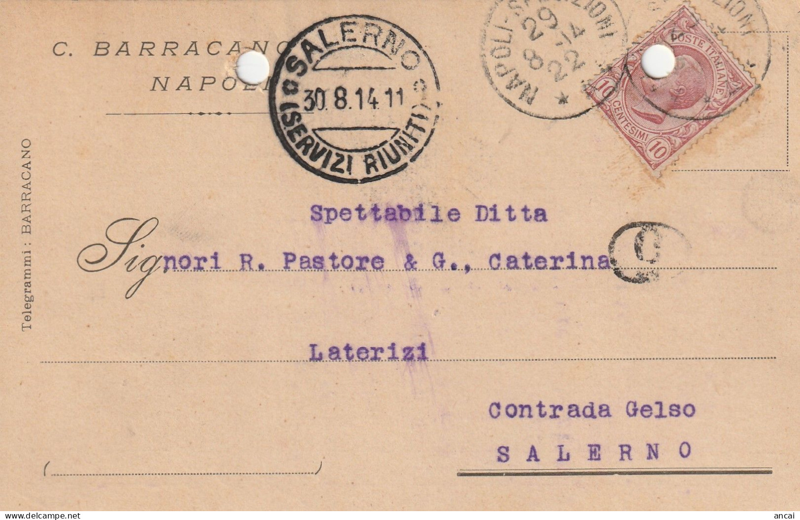 A156. Napoli. 1922. Cartolina PUBBLICITARIA , Con Leoni C. 10  ... C. BARRACANO... - Assicurati