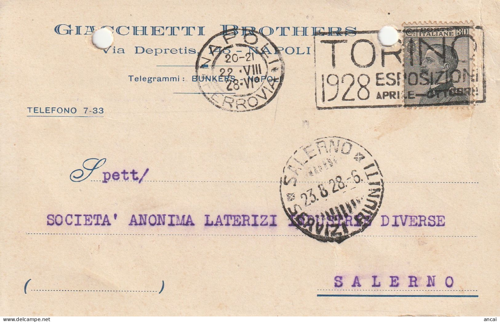 A156. Napoli. 1928. Cartolina PUBBLICITARIA , Con Michetti C.30,   ... GIACCHETTI BROTHERS... - Verzekerd