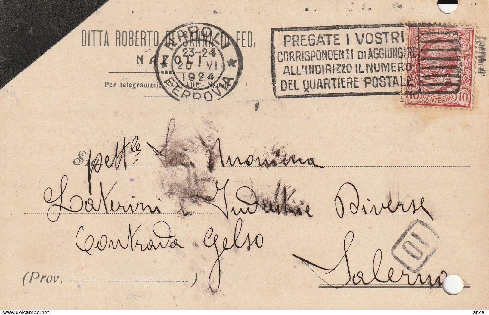 A156. Napoli. 1924. Cartolina PUBBLICITARIA , Con Leoni C.10,   ... DITTA ROBERTO DE SANNA Fu FED... - Assurés