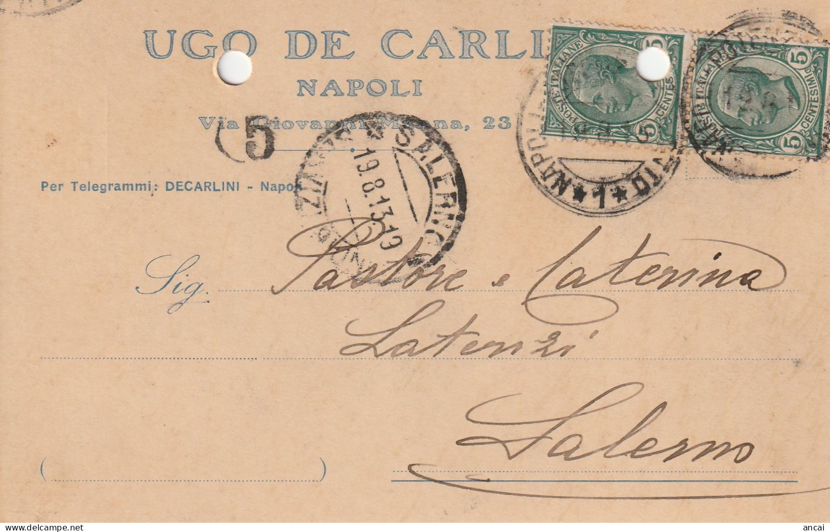 A156. Napoli. 1913. Cartolina PUBBLICITARIA , Con Leoni C.5 X 2,   ... UGO DE CARLINI... - Insured
