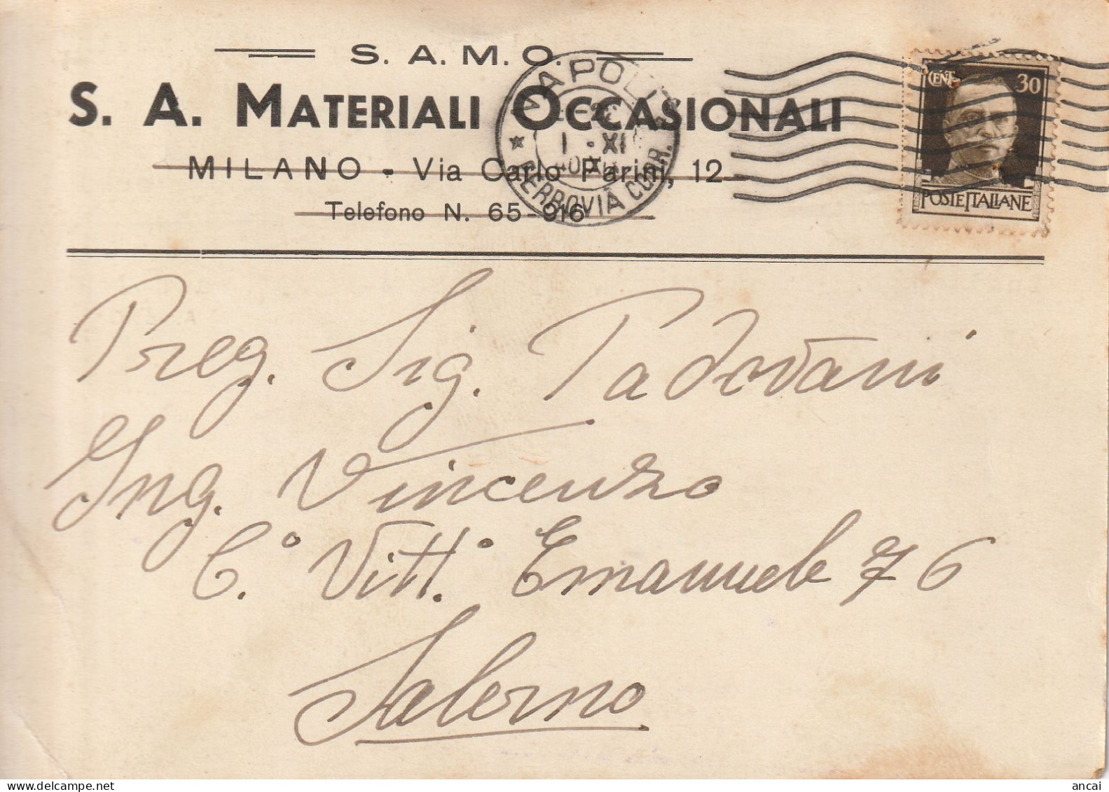 A156. Napoli. 1940. Cartolina PUBBLICITARIA. ... S. A.M.O... S.A. MATERIALI OCCASIONALI.. - Insured