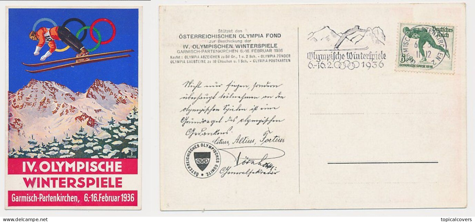 Postcard / Postmark Winter Olympic Games Garmisch Partenkirchen Austria 1936 - Hiver 1936: Garmisch-Partenkirchen