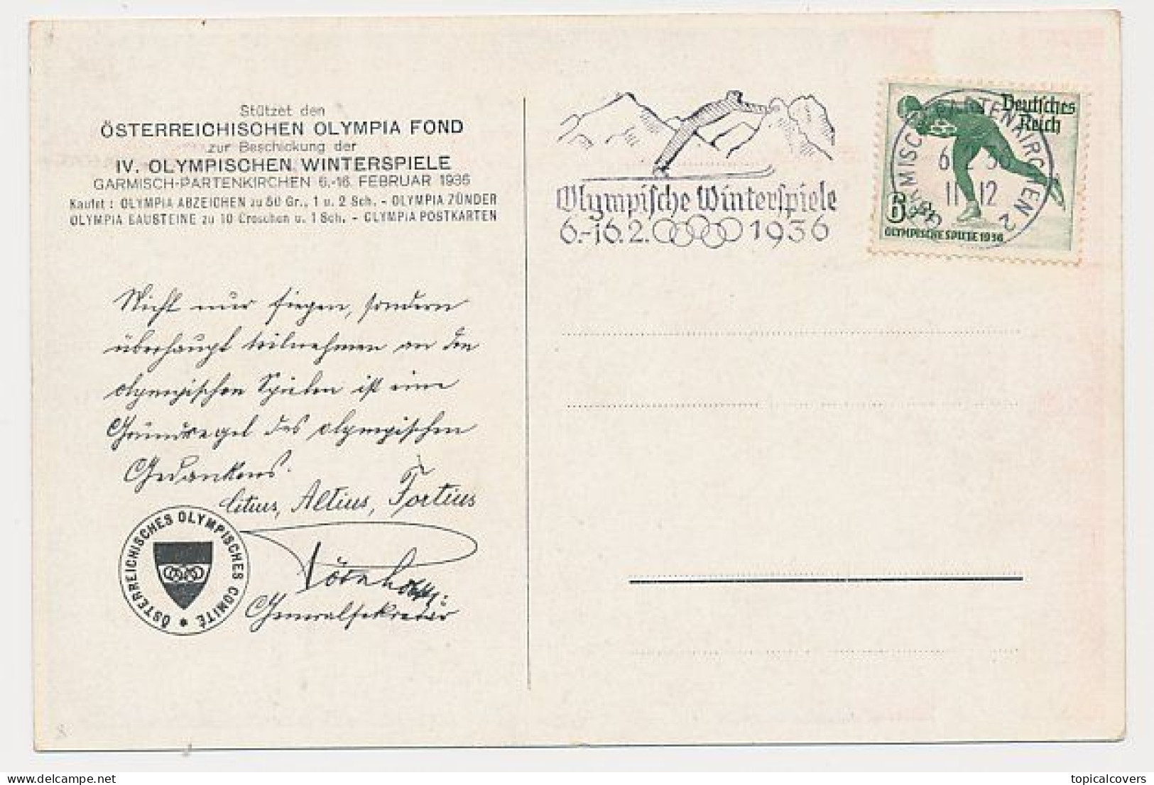 Postcard / Postmark Winter Olympic Games Garmisch Partenkirchen Austria 1936 - Invierno 1936: Garmisch-Partenkirchen