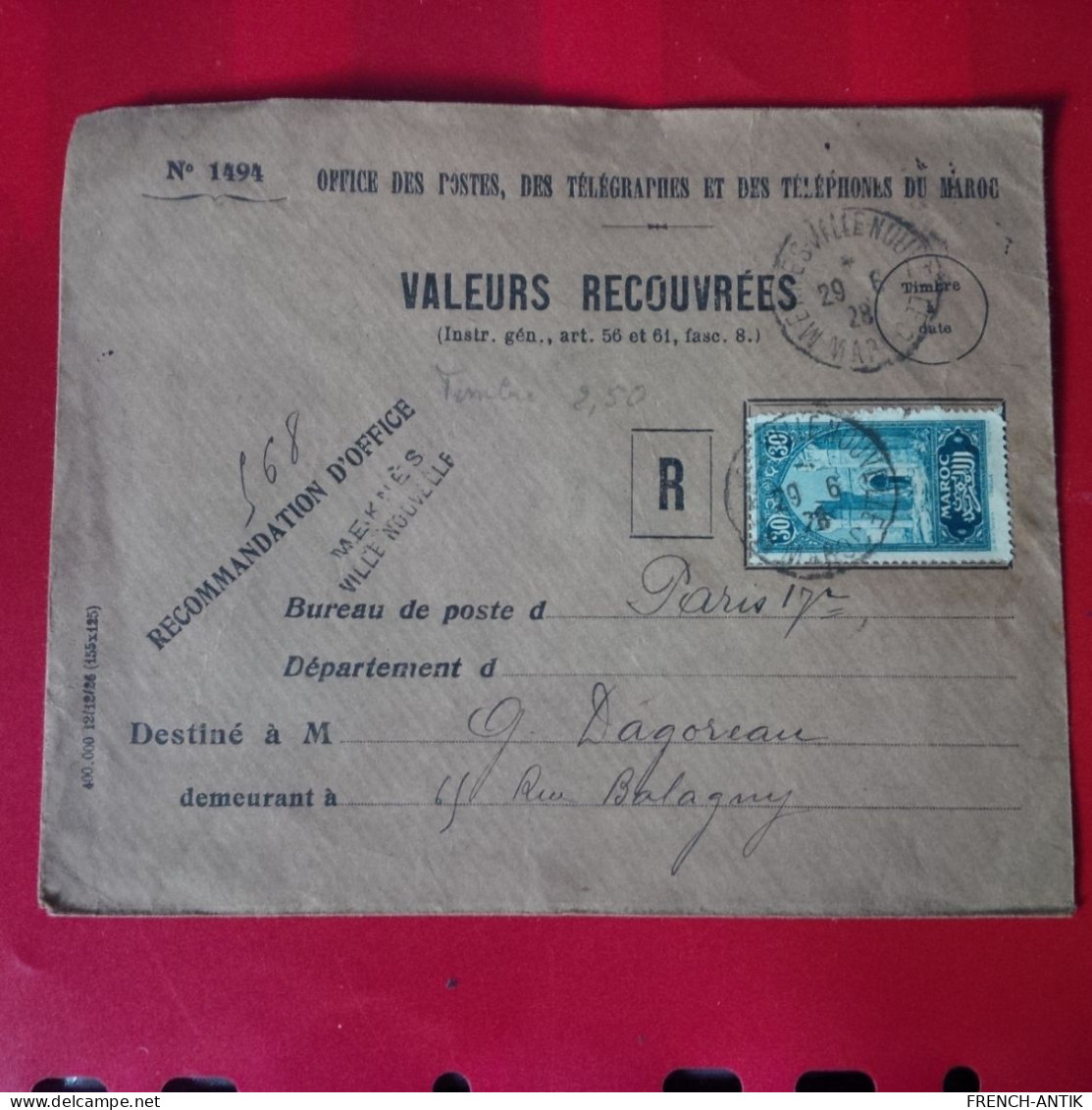 LETTRE MAROC VALEURS RECOUVREES - Briefe U. Dokumente