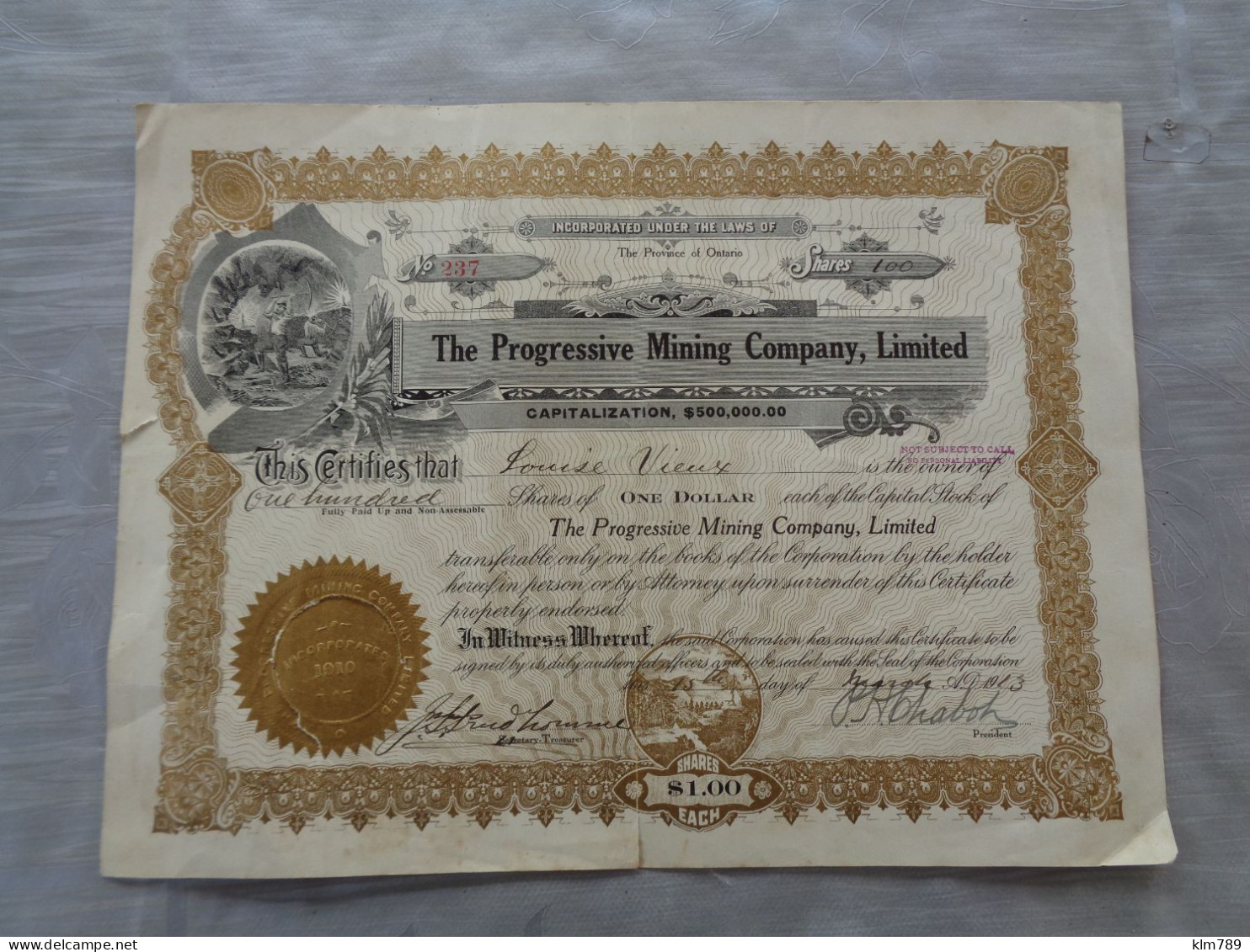 Etats- Unis - Province D'Ontario  - The Progressive Mining Company Limites - Action De 100 Dollars - 1913 - Réf.421 - - Mines