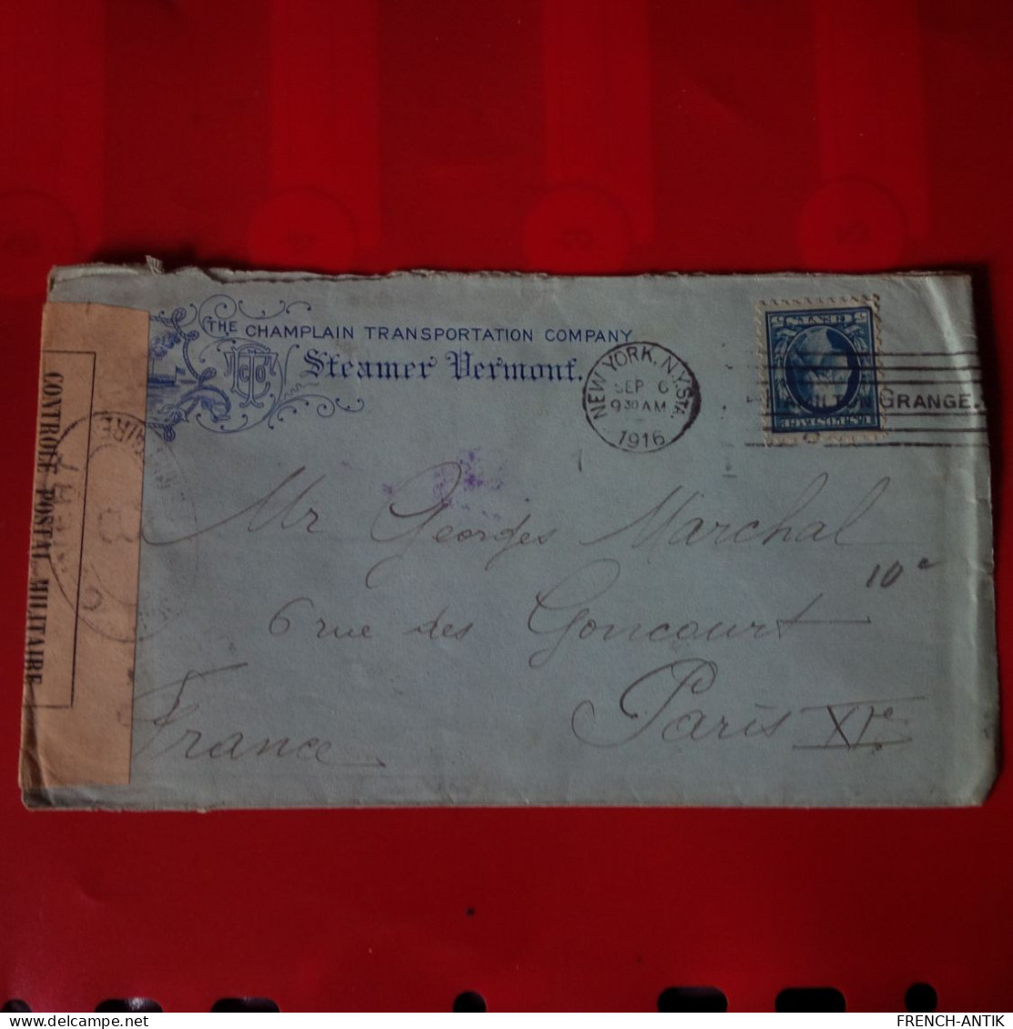 LETTRE NEW YORK POUR PARIS STEAMER VERMONT CENSURE 1916 - Cartas & Documentos