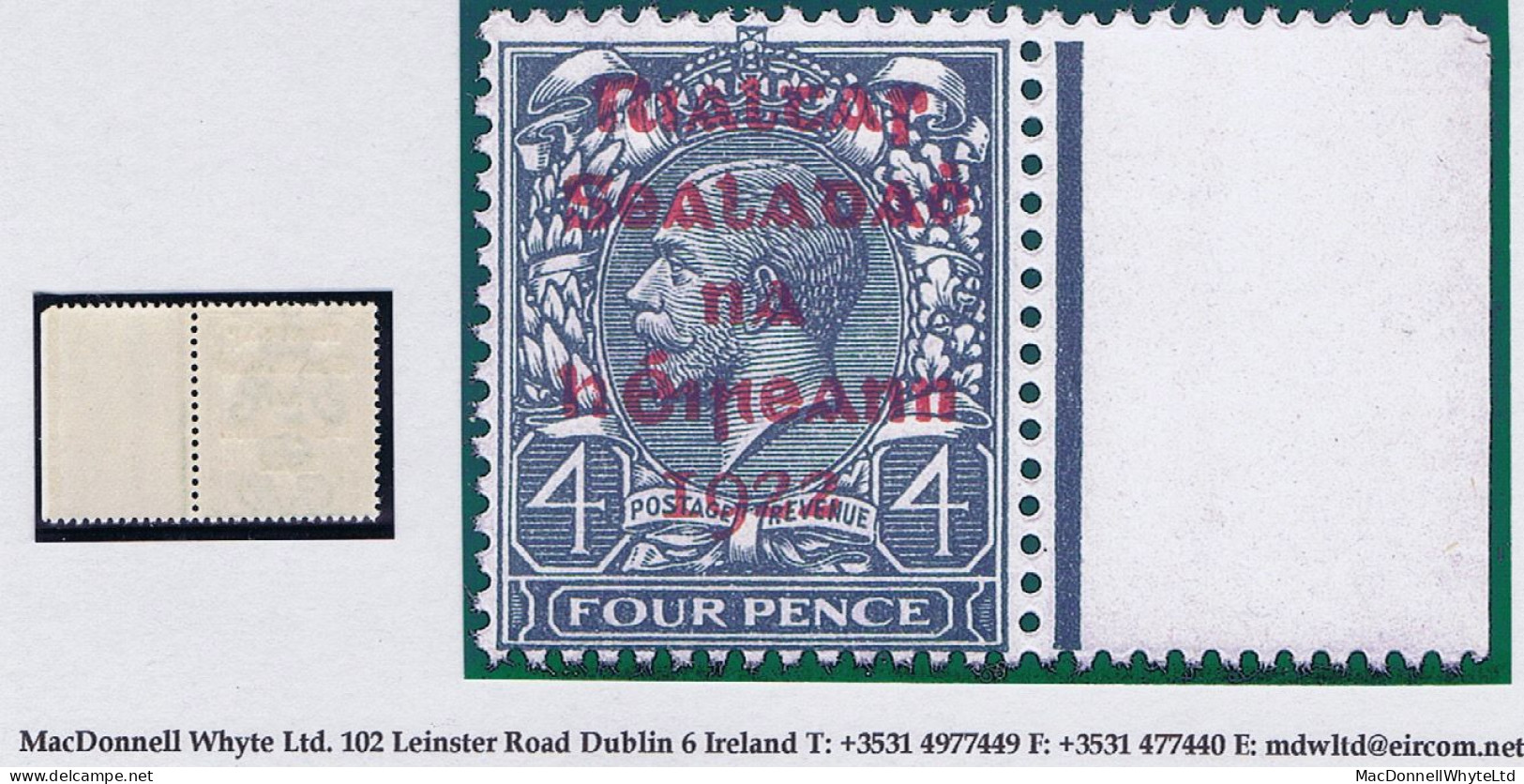 Ireland 1922 Dollard Rialtas Ovpt In Carmine On 4d Grey-green Right Marginal Mint Unmounted Never Hinged - Autres & Non Classés