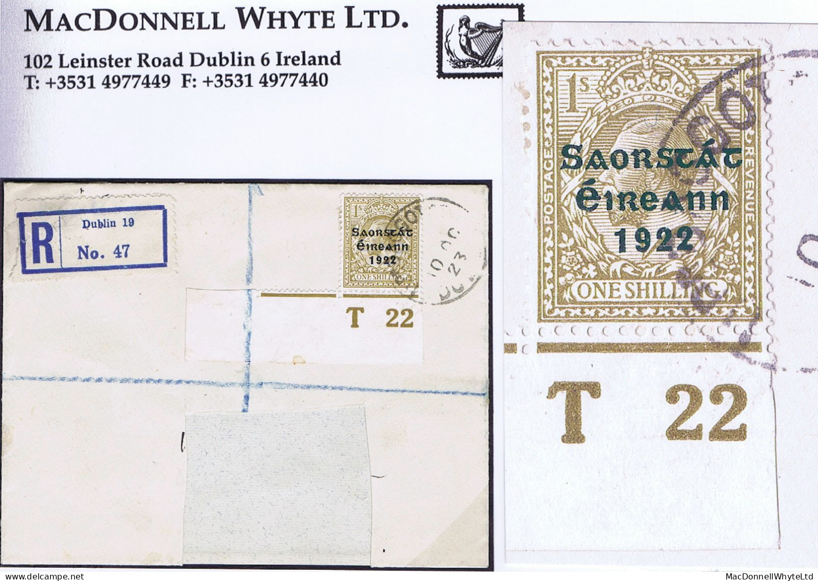 Ireland 1922 Thom Saorstat 3-line 1s Control T22 Imperf Used On Registered Cover BAGGOT ST DUBLIN - Lettres & Documents