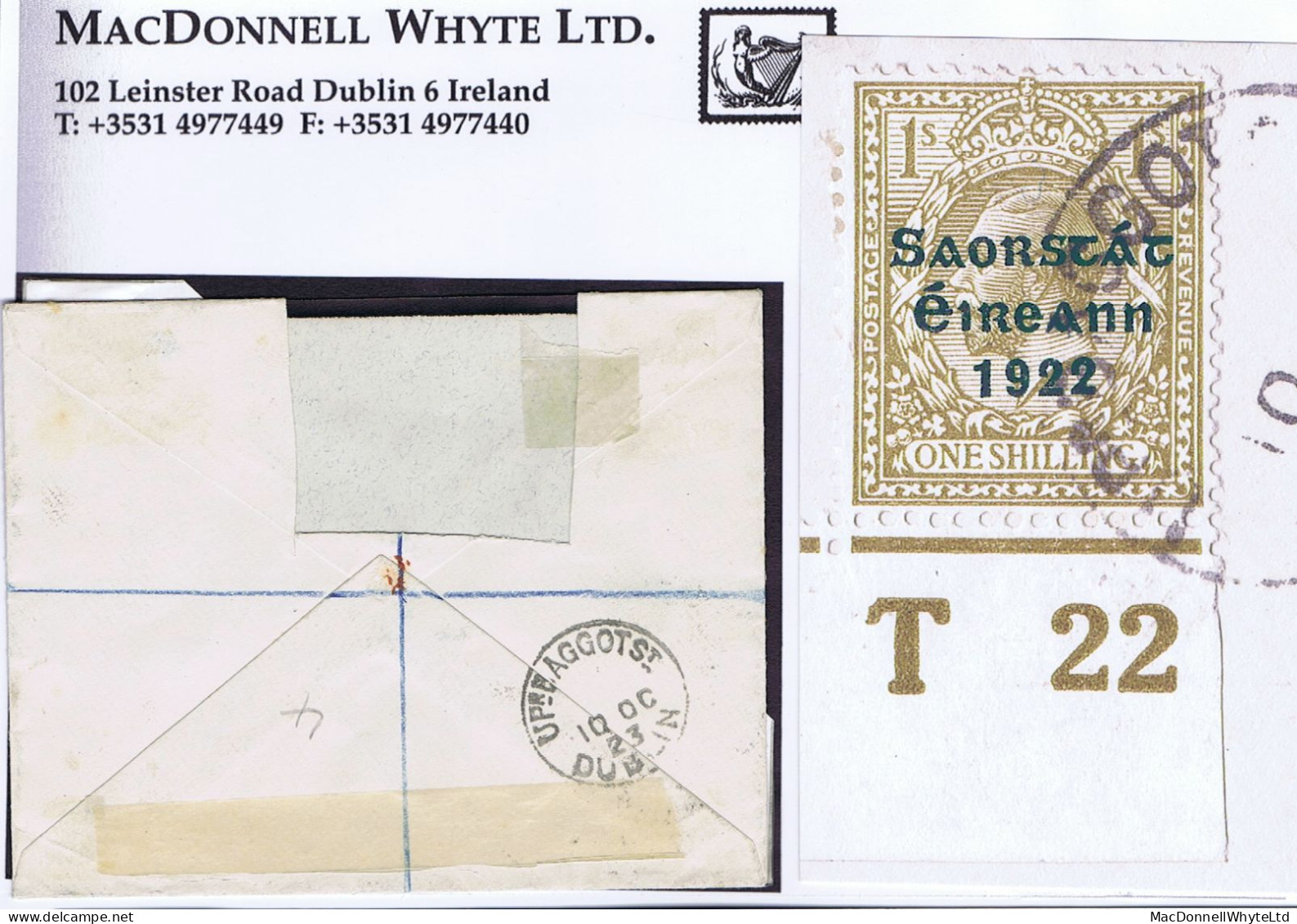 Ireland 1922 Thom Saorstat 3-line 1s Control T22 Imperf Used On Registered Cover BAGGOT ST DUBLIN - Brieven En Documenten