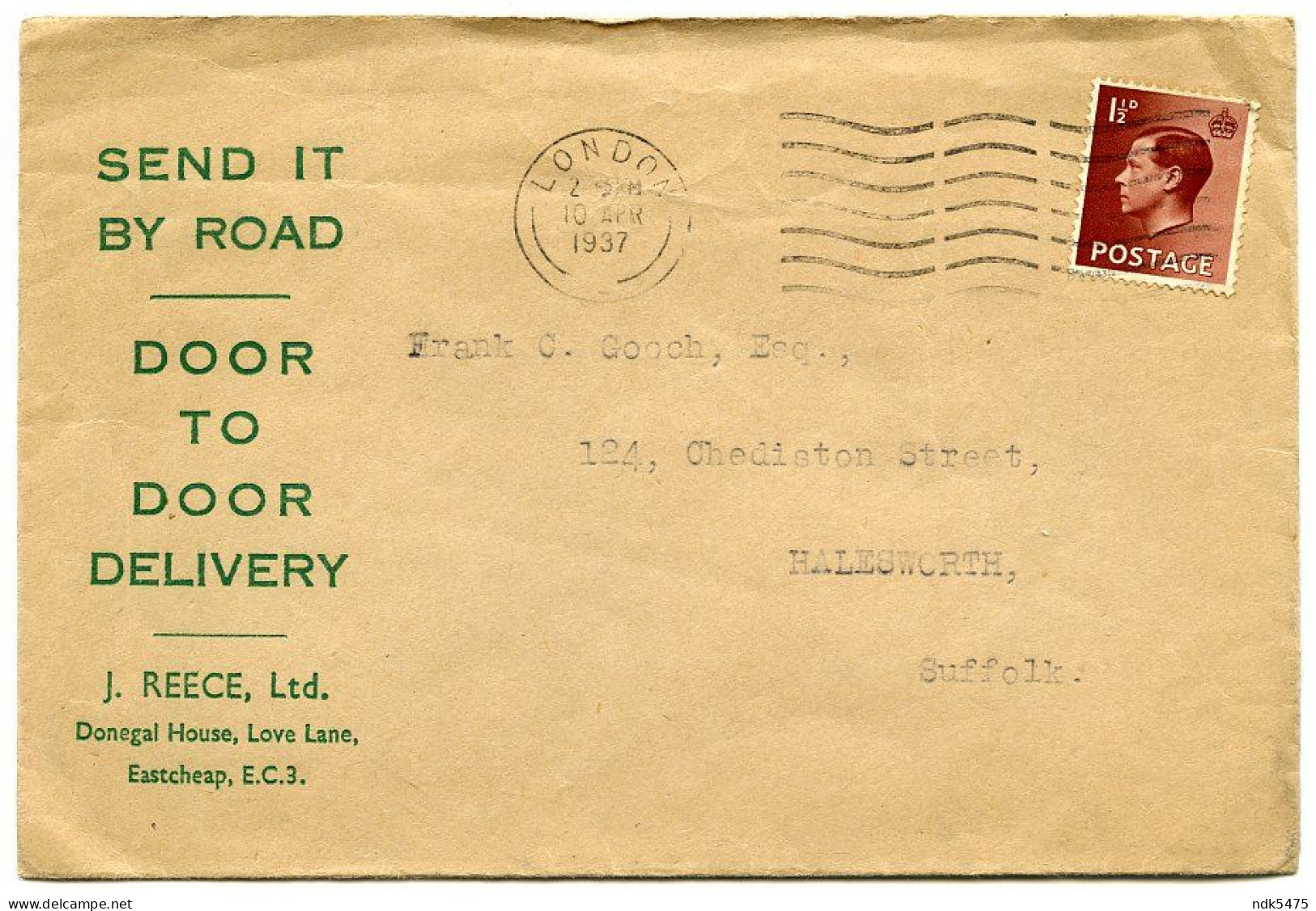 KE VIII, 1937 : J. REECE, LOVE LANE, LONDON / HALESWORTH, CHEDISTON STREET (GOOCH) - Cartas & Documentos