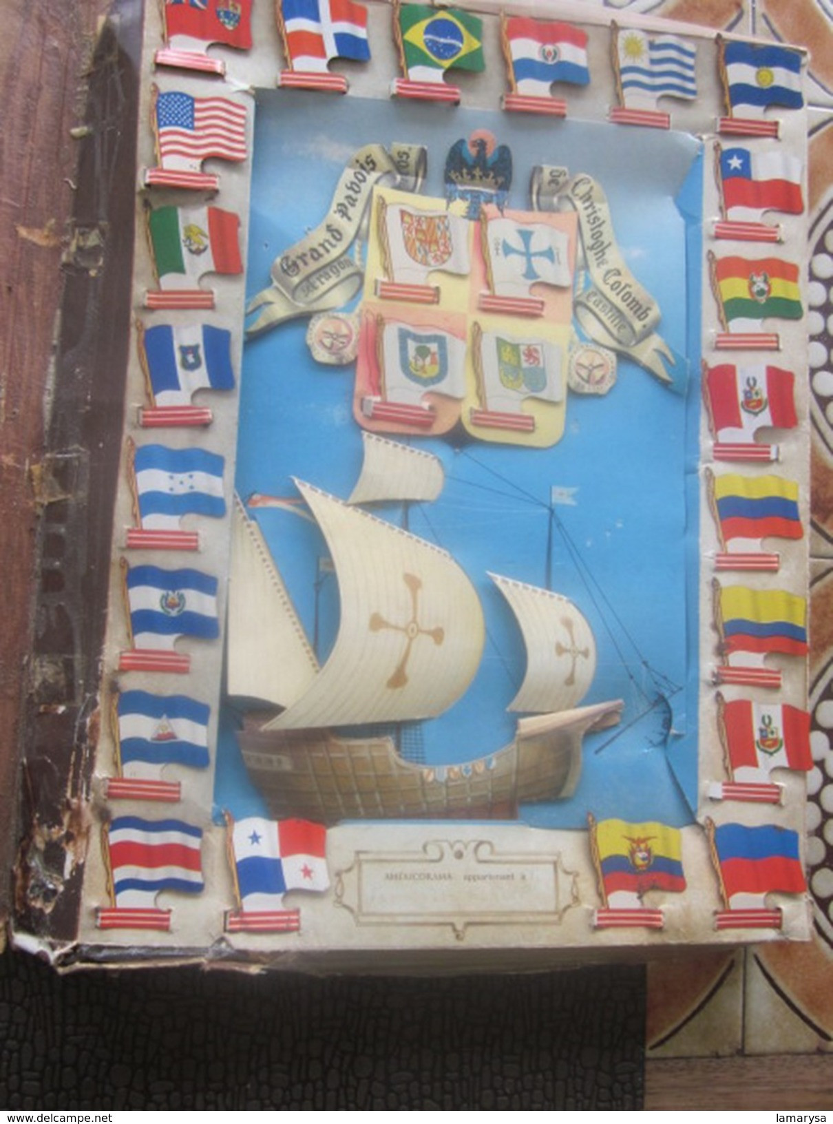 Jeu Complet Biscuit Alsacienne VINTAGE DRAPEAURAMA AMÉRIQUE AMERICORAMA,Drapeau Tôle+Bateau+Gd Pavois Christophe Colomb - Sonstige & Ohne Zuordnung