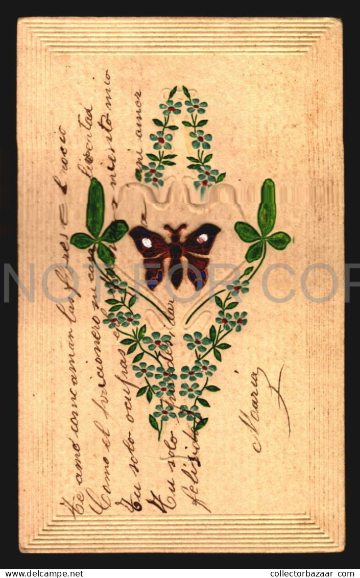 Art Nouveau Odd Unusual Ca1900 Postcard W/ Enamelled Metal Butterfly Pin RyJBA - Colecciones Y Lotes