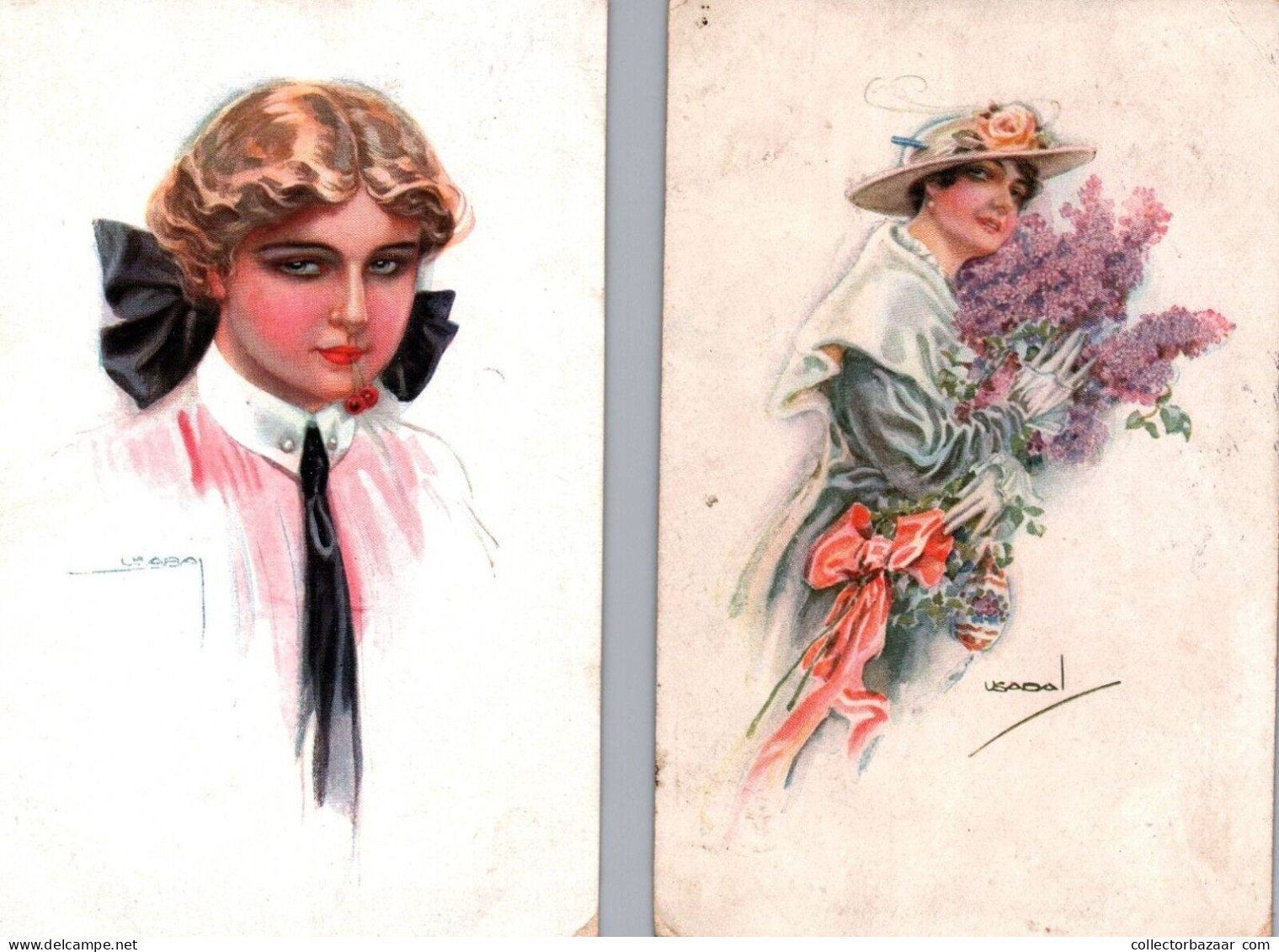 2 Original Postcards Art Deco Artist Signed Luis Usabal Woman Girl Cherry - Usabal