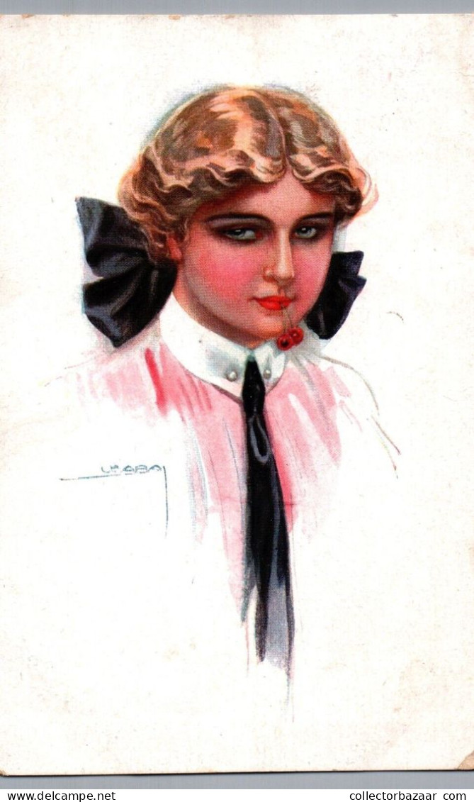 2 Original Postcards Art Deco Artist Signed Luis Usabal Woman Girl Cherry - Usabal
