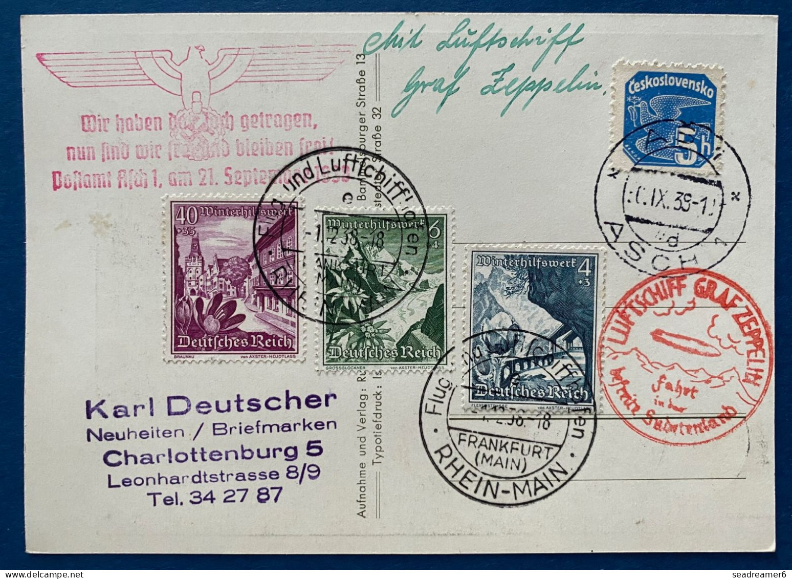 Carte Jeunesse Hitlerienne De TCHECOSLOVAQUIE PA N°26 Oblitéré De ASCH Pour CHARLOTTENBURG Par Zeppelin ! - Luftpost