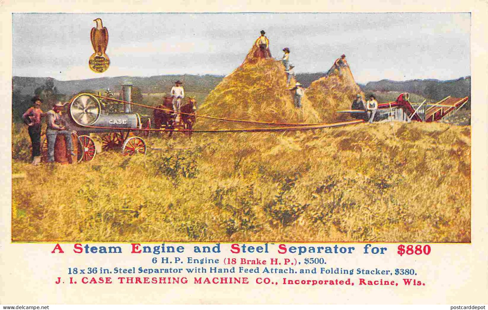 J I Case Steam Engine Tractor Threshing Harvest Farming 1910c Postcard - Tractors