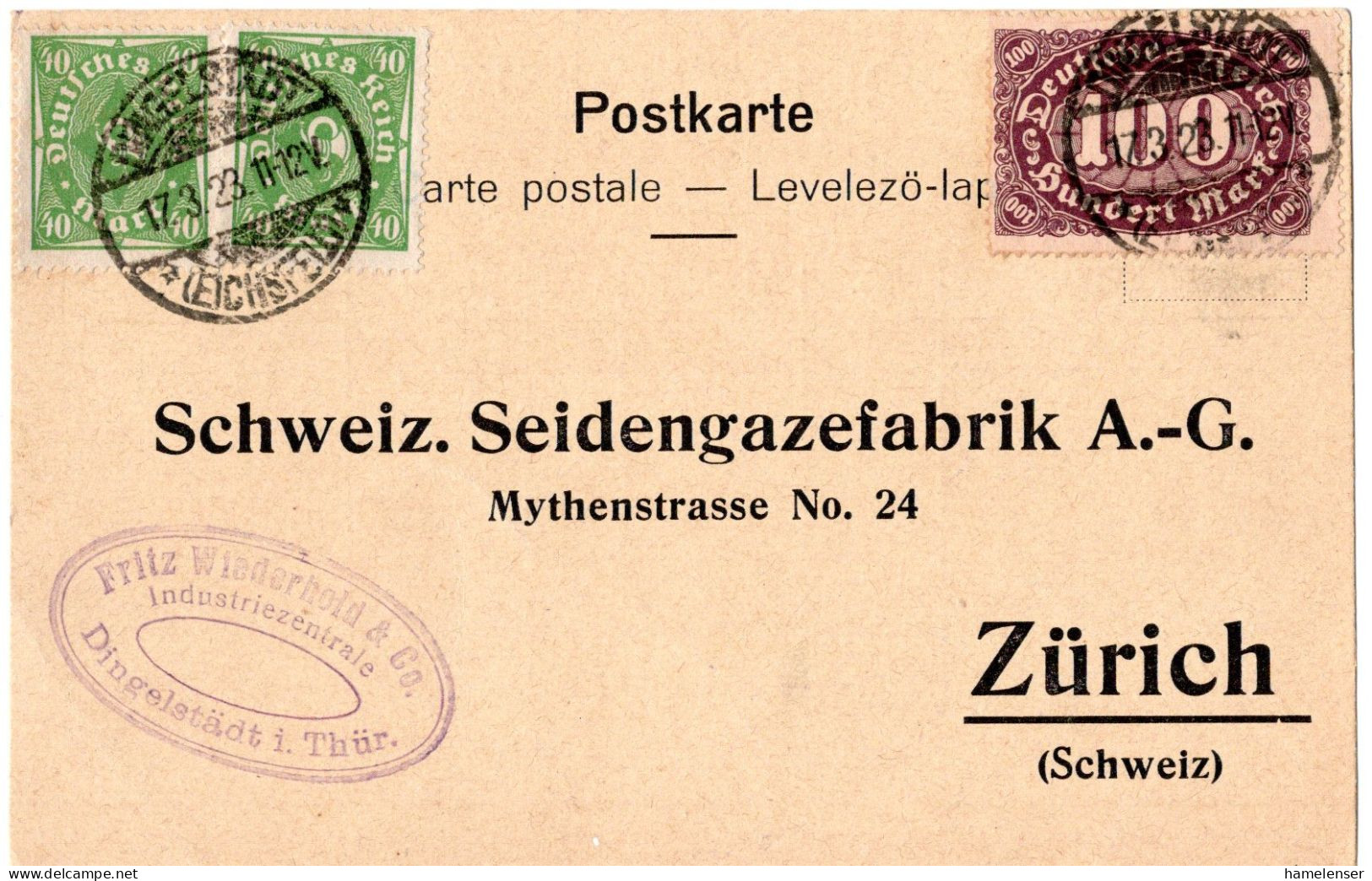 59704 - Deutsches Reich - 1923 - 100M Quer MiF A Kte DINGELSTAEDT -> Schweiz - Covers & Documents