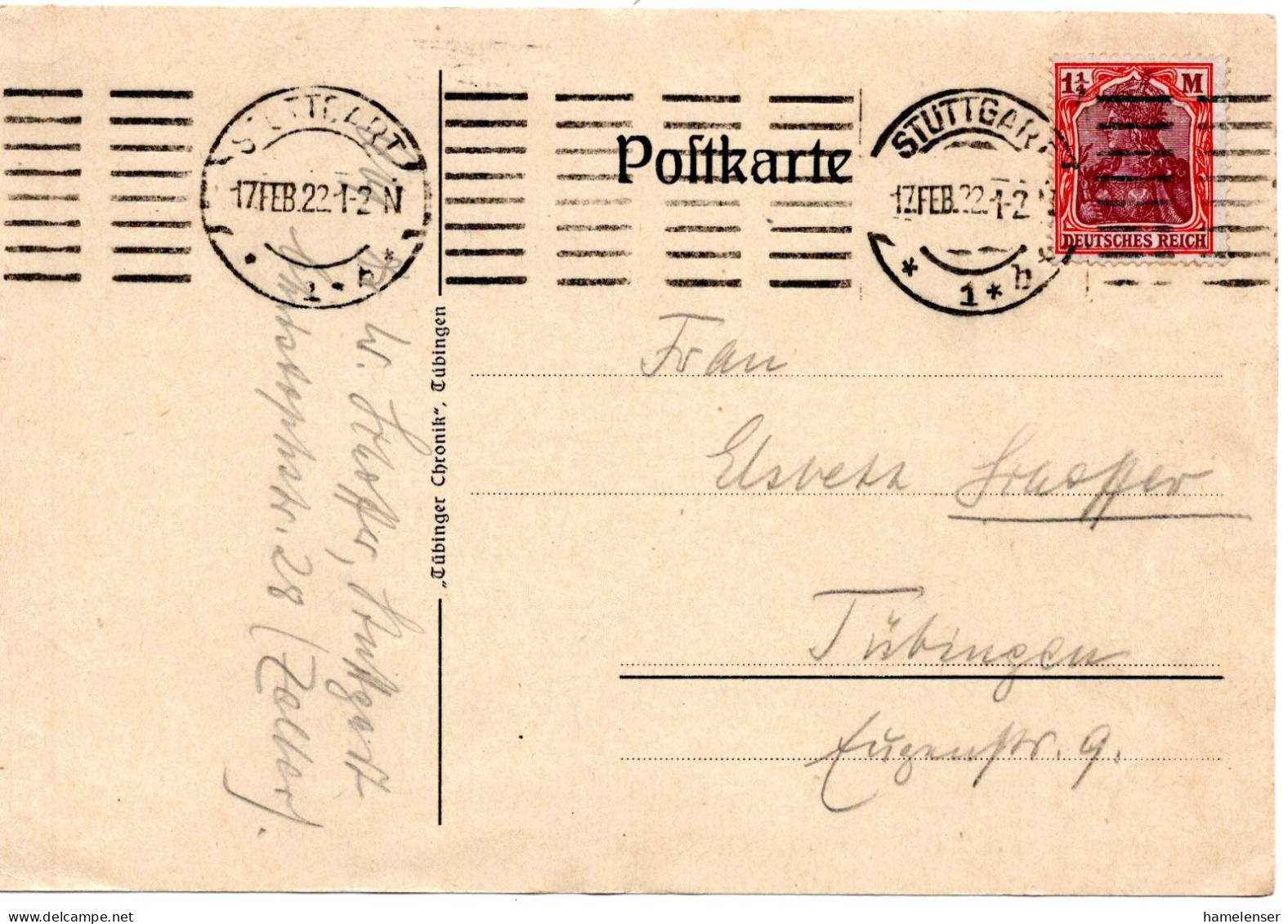 59705 - Deutsches Reich - 1922 - 1,25M Germania EF A Kte STUTTGART -> Tuebingen - Storia Postale