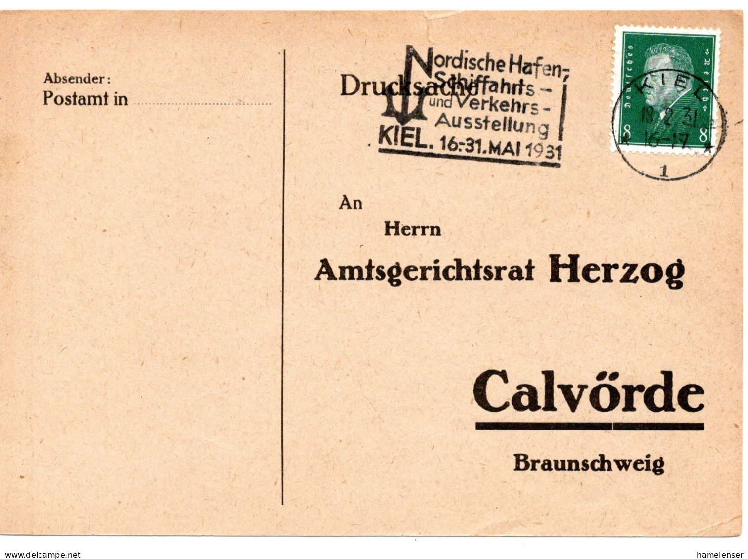 59708 - Deutsches Reich - 1931 - 8Pfg Ebert EF A Kte KIEL - NORDISCHE HAFEN-, ... AUSSTELLUNG ... -> Calvoerde - Schiffahrt