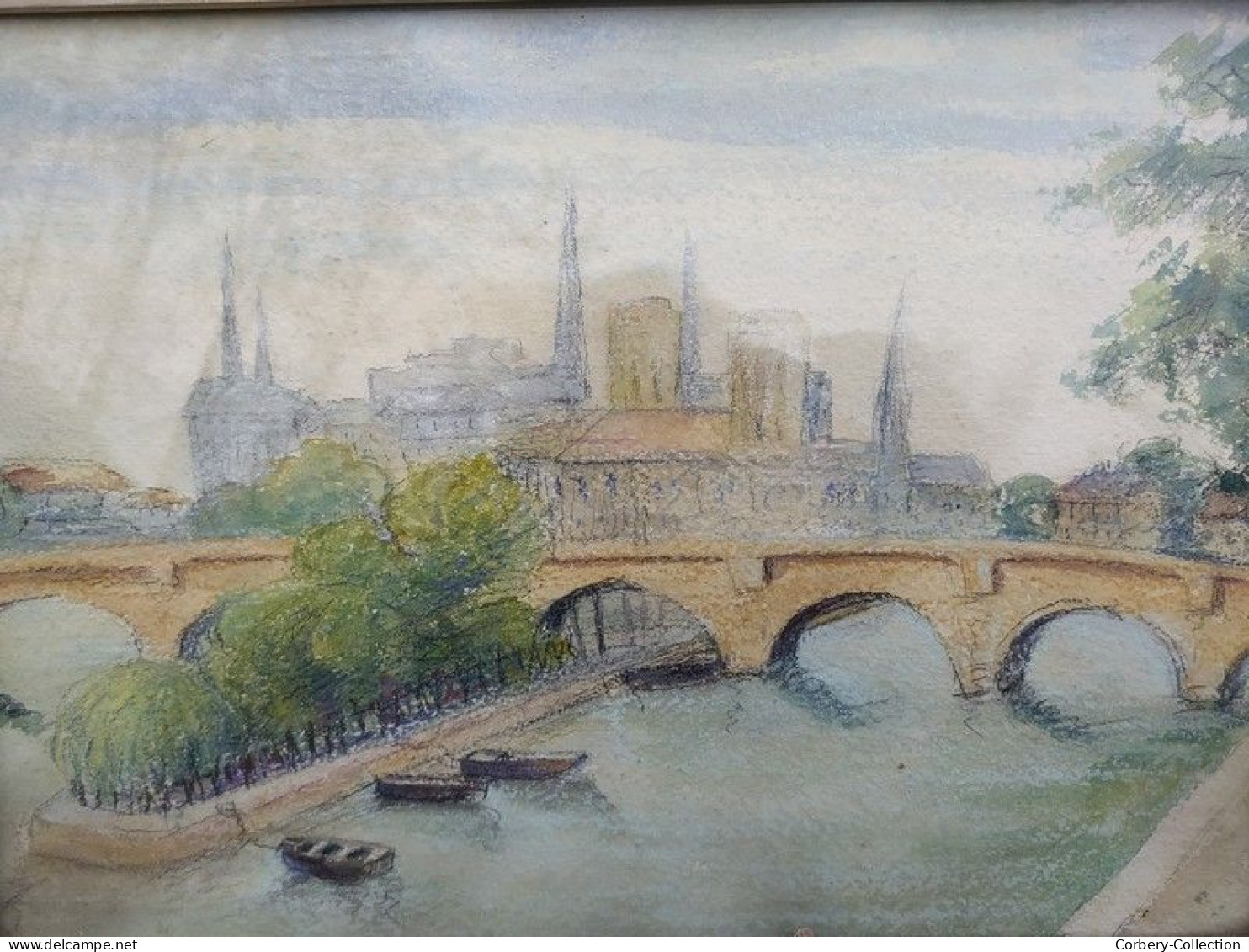 Ancien Tableau Dessin Aquarelle Intitulé Pointe De La Cité Du Pont Des Arts - Wasserfarben