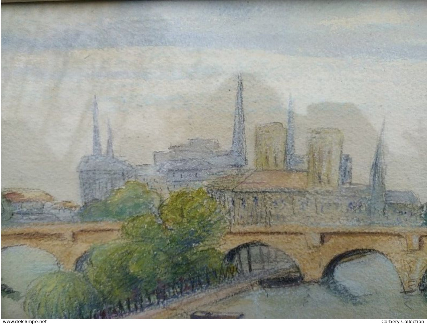 Ancien Tableau Dessin Aquarelle Intitulé Pointe De La Cité Du Pont Des Arts - Wasserfarben