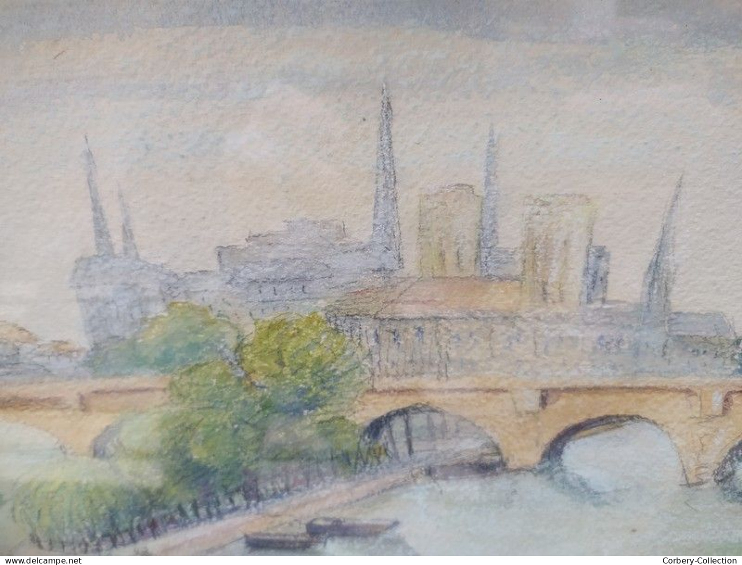 Ancien Tableau Dessin Aquarelle Intitulé Pointe de la Cité du Pont des Arts