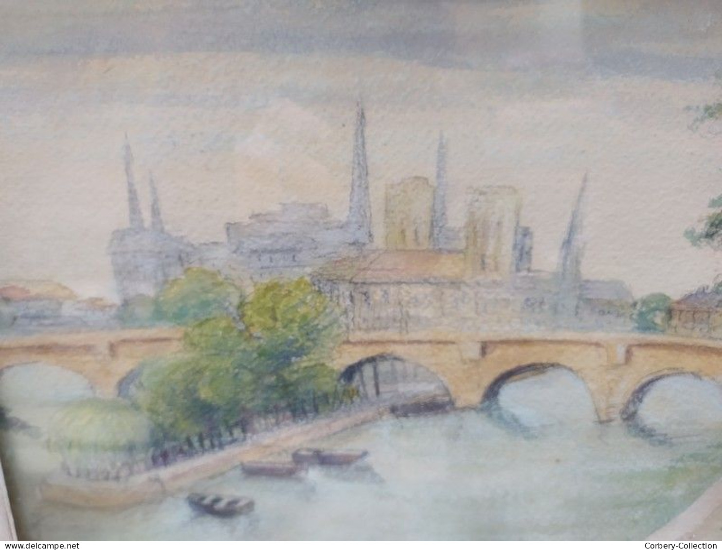 Ancien Tableau Dessin Aquarelle Intitulé Pointe de la Cité du Pont des Arts