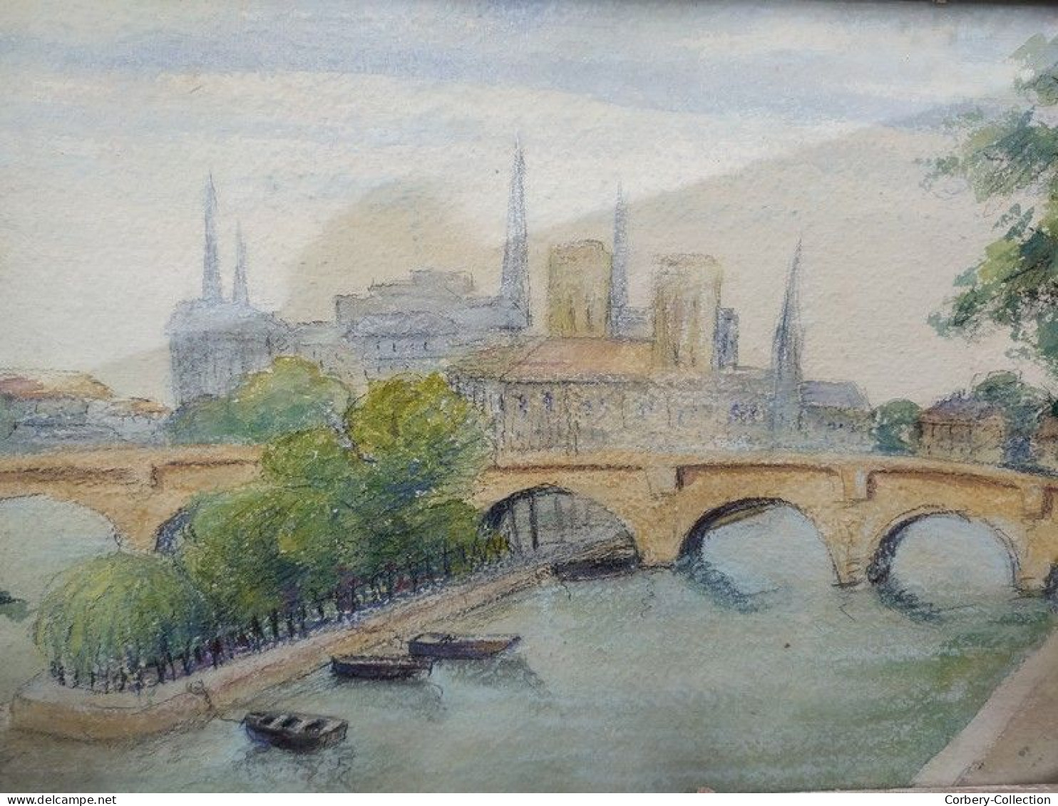 Ancien Tableau Dessin Aquarelle Intitulé Pointe de la Cité du Pont des Arts