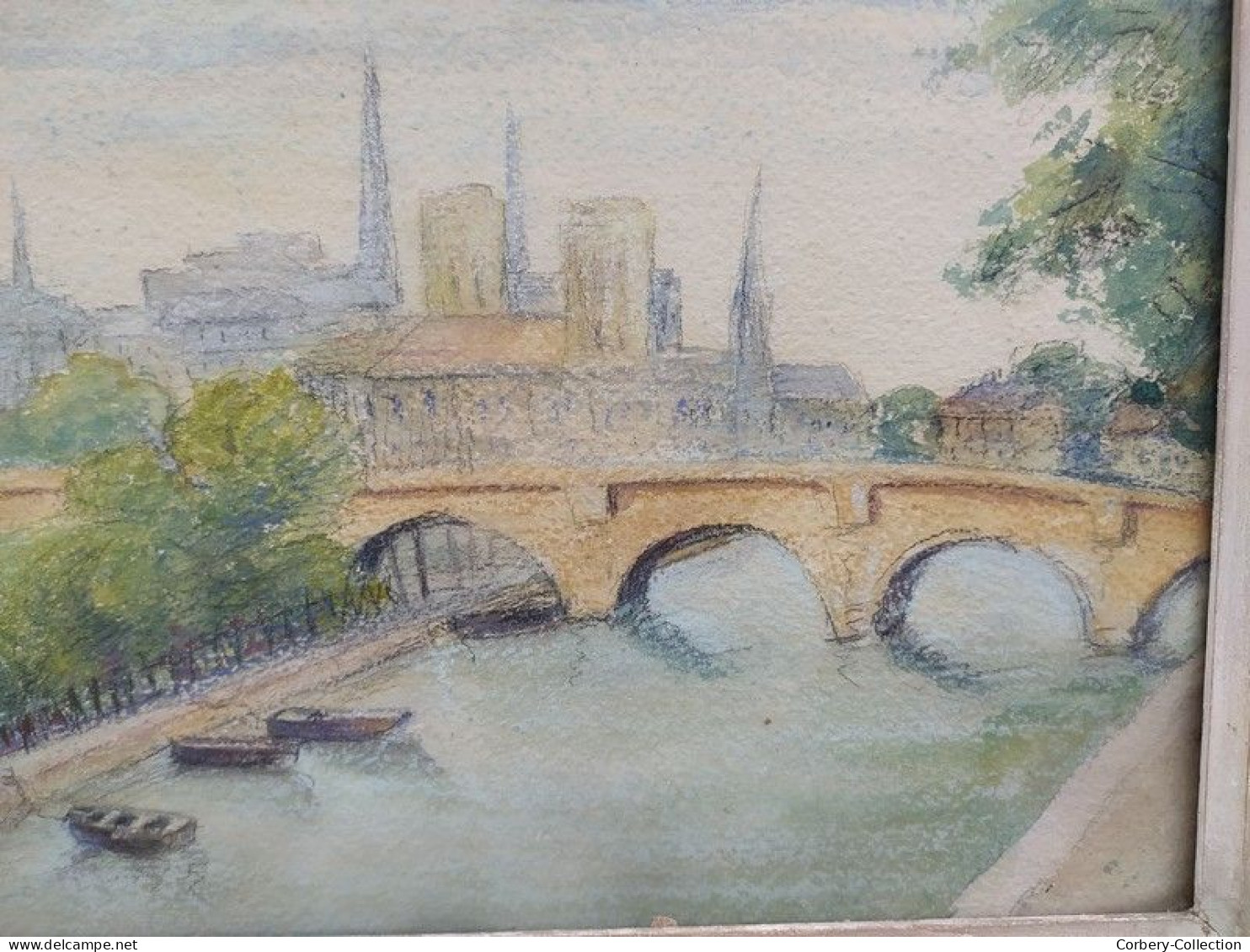 Ancien Tableau Dessin Aquarelle Intitulé Pointe de la Cité du Pont des Arts