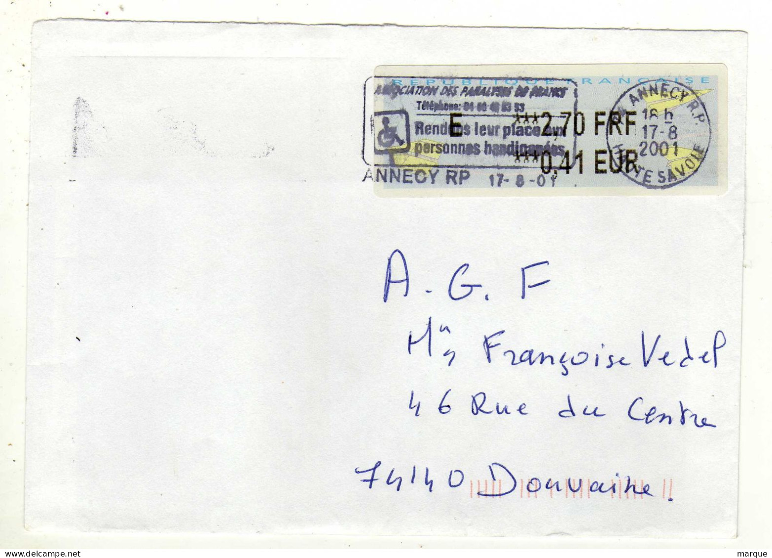 Enveloppe FRANCE Avec Vignette Affranchissement ANNECY R.P. Association Des Paralysés De France 17/08/2001 - 2000 Type « Avions En Papier »