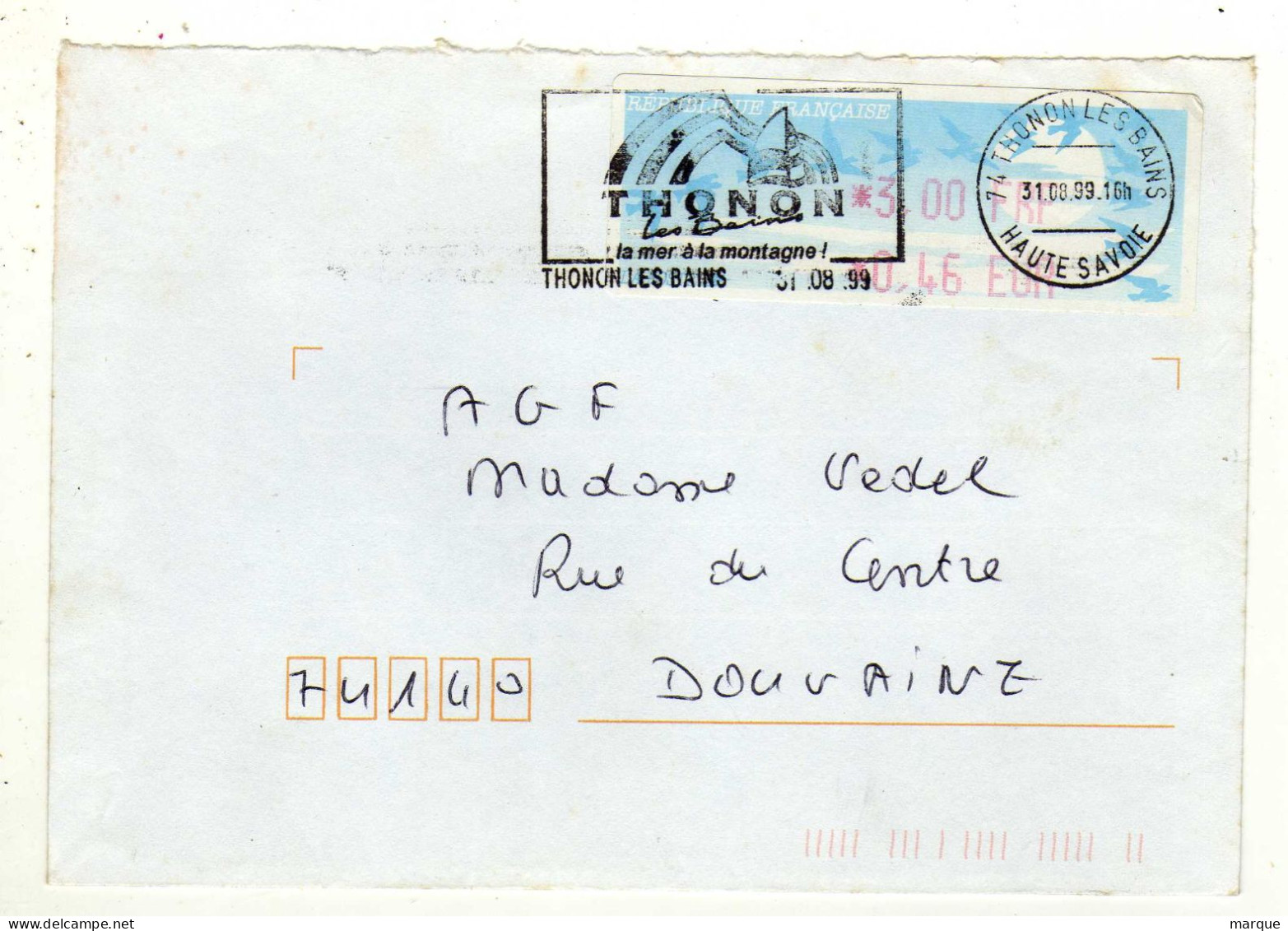 Enveloppe FRANCE Avec Vignette Affranchissement THONON LES BAINS 31/08/1999 - 1990 Type « Oiseaux De Jubert »