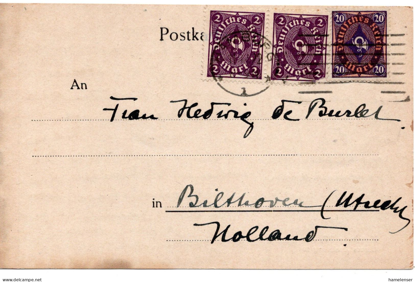 59743 - Deutsches Reich - 1923 - 20M Posthorn MiF A Kte HAMBURG -> Niederlande - Covers & Documents