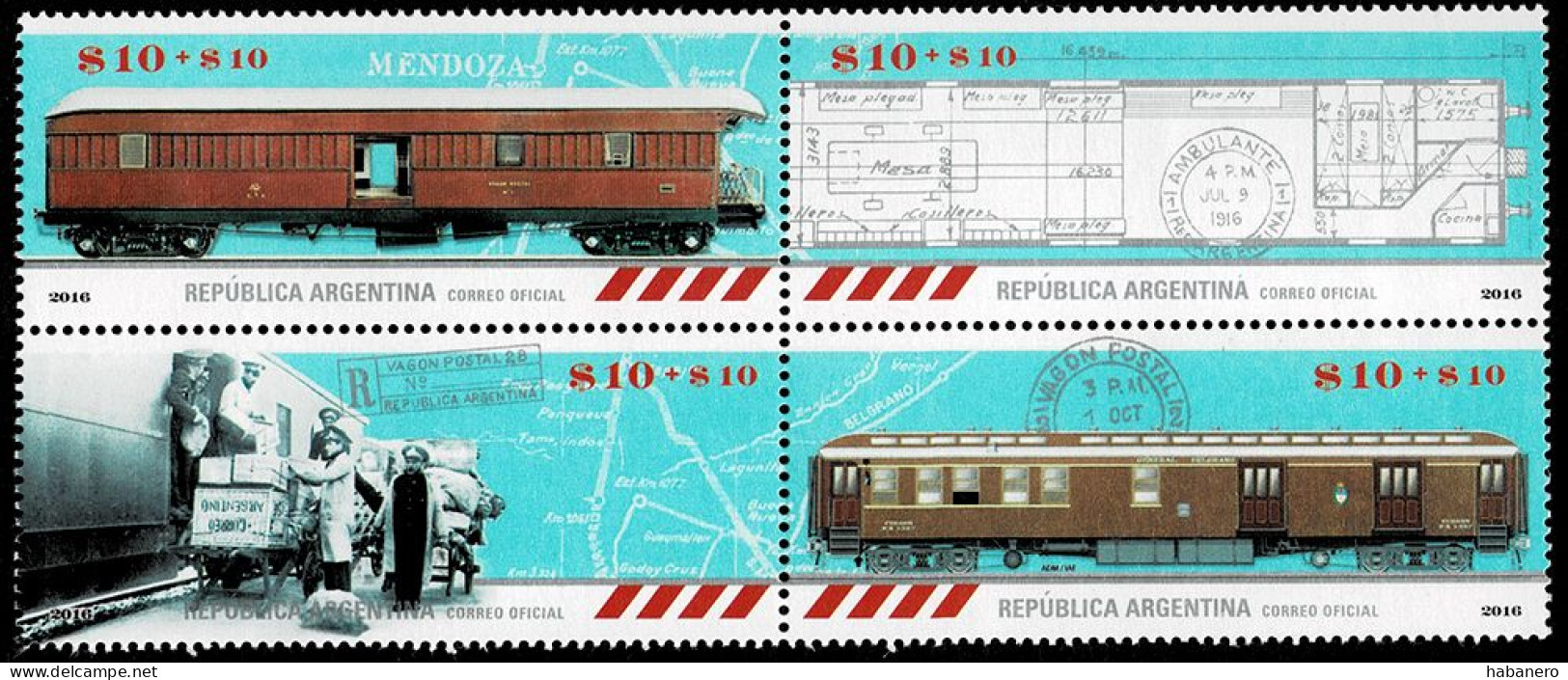 ARGENTINA 2016 Mi 3699-3702 TRAINS POSTAL WAGONS MINT STAMPS ** - Unused Stamps