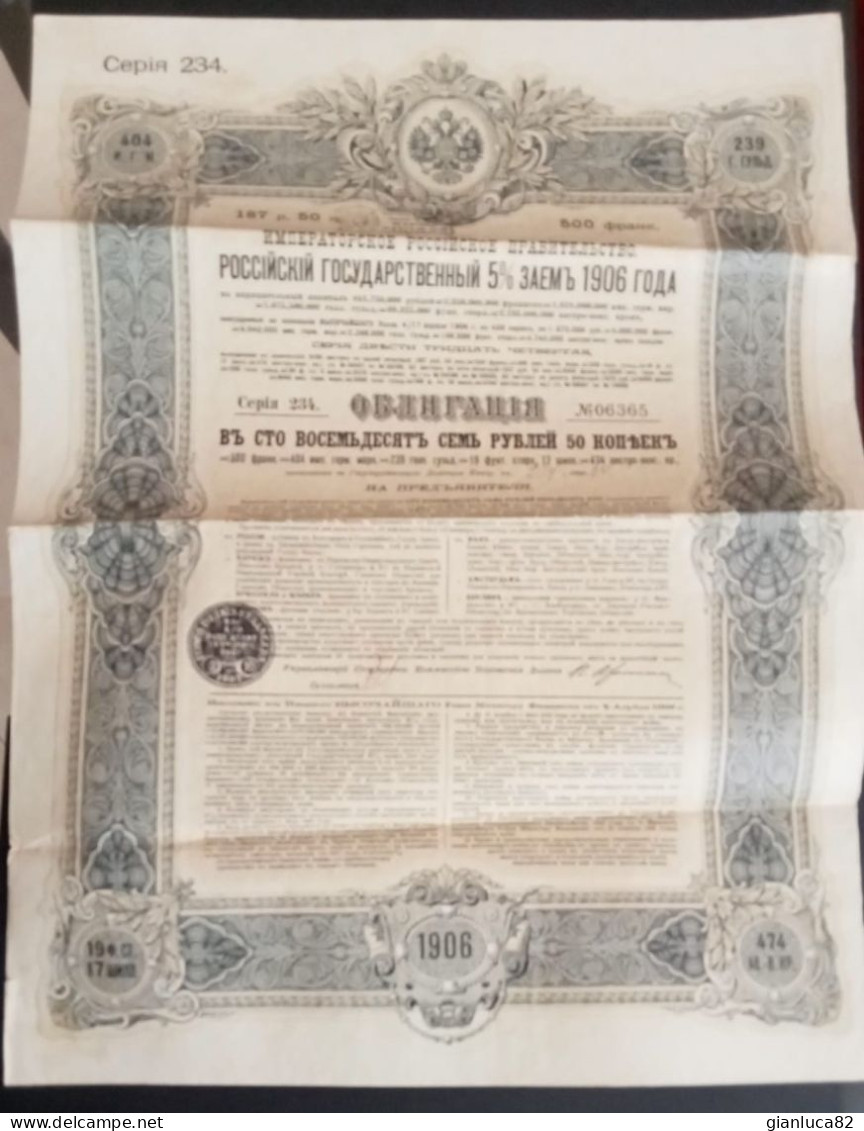 Bond 1906 Al 5% Antico Stato Imperiale Russia 187.50 Rubli (22) Come Foto Ripiegato Con Pieghe Tecniche 40,0 X 30,0 Cm - Russie